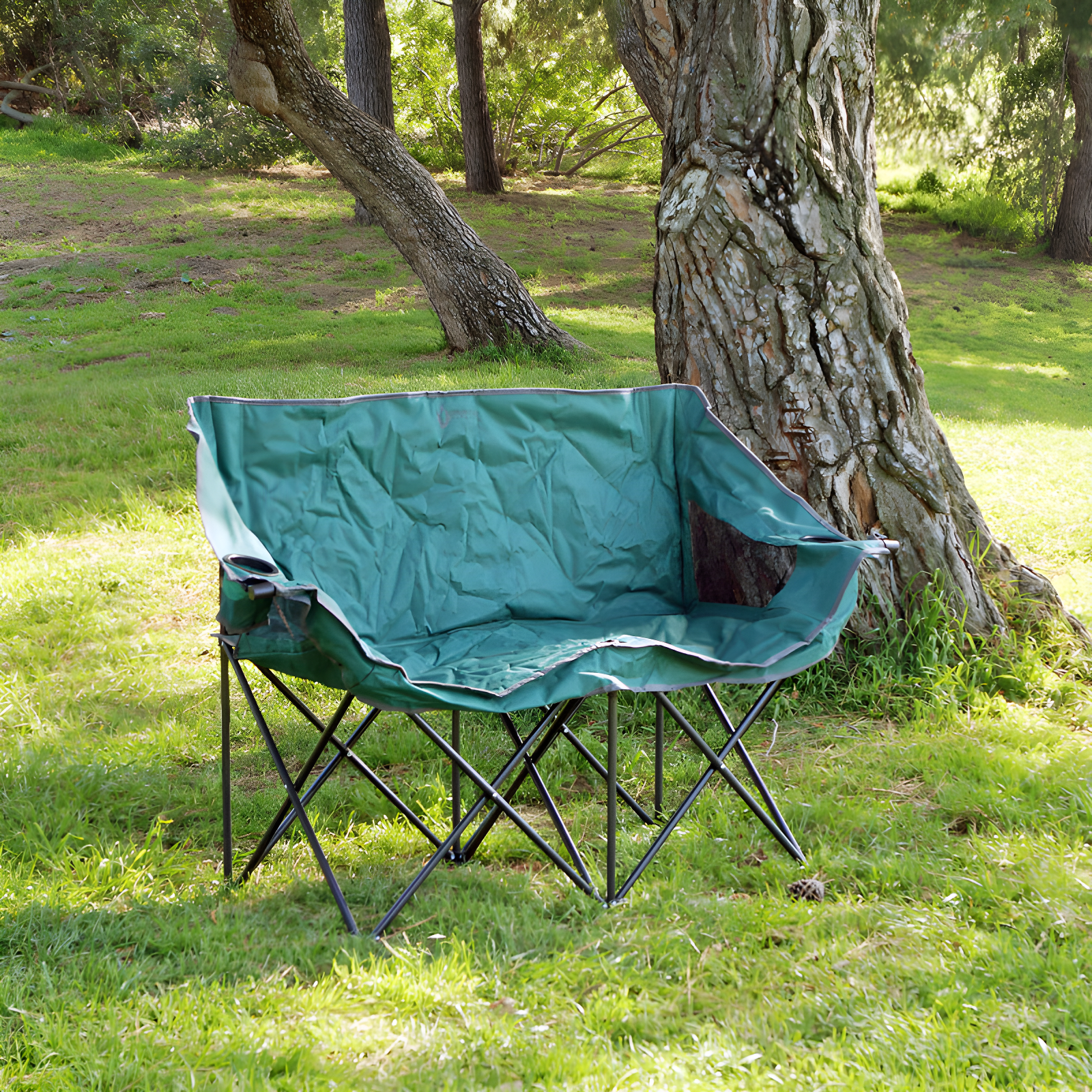 Forest Green Portable Folding Double Camping Loveseat with Cup Holders