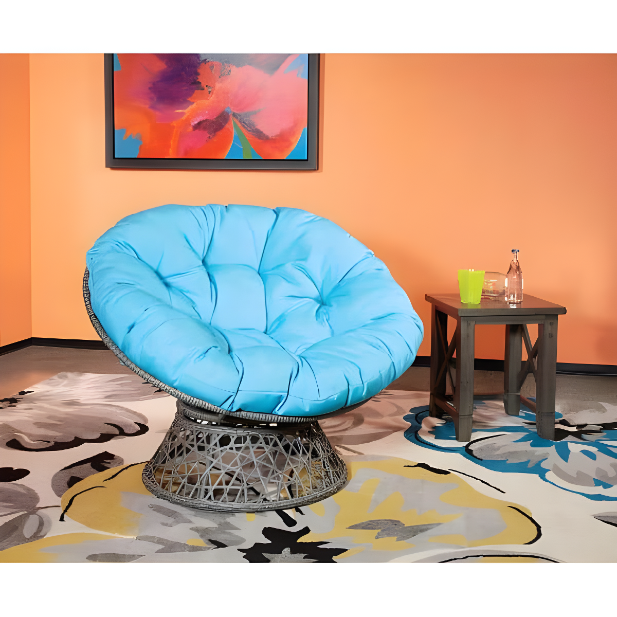 Blue Metal and Wicker 360° Swivel Lounge Chair