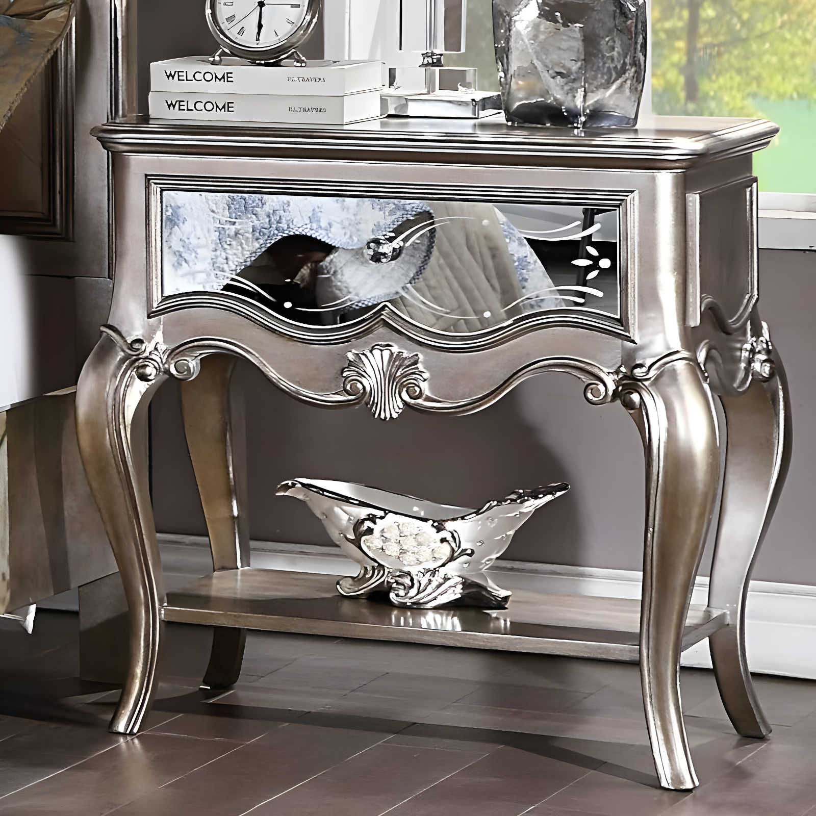 Antique Champagne Mirrored 1-Drawer Nightstand with Cabriole Legs