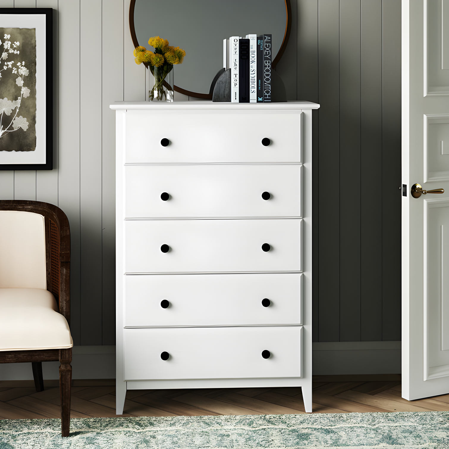 Brushed White Coastal 5-Drawer Solid Pine Wood Chest