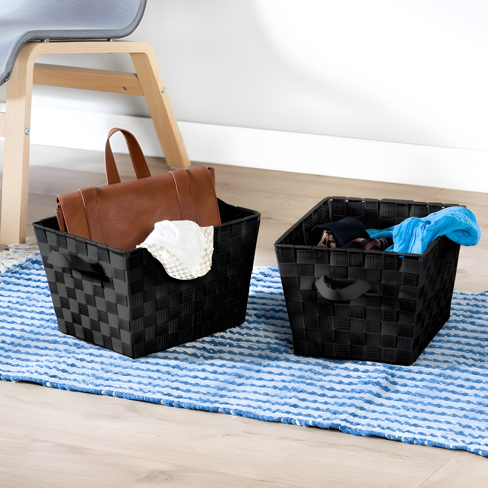 Black Woven Plastic Storage Bins with Handles, Set of 2