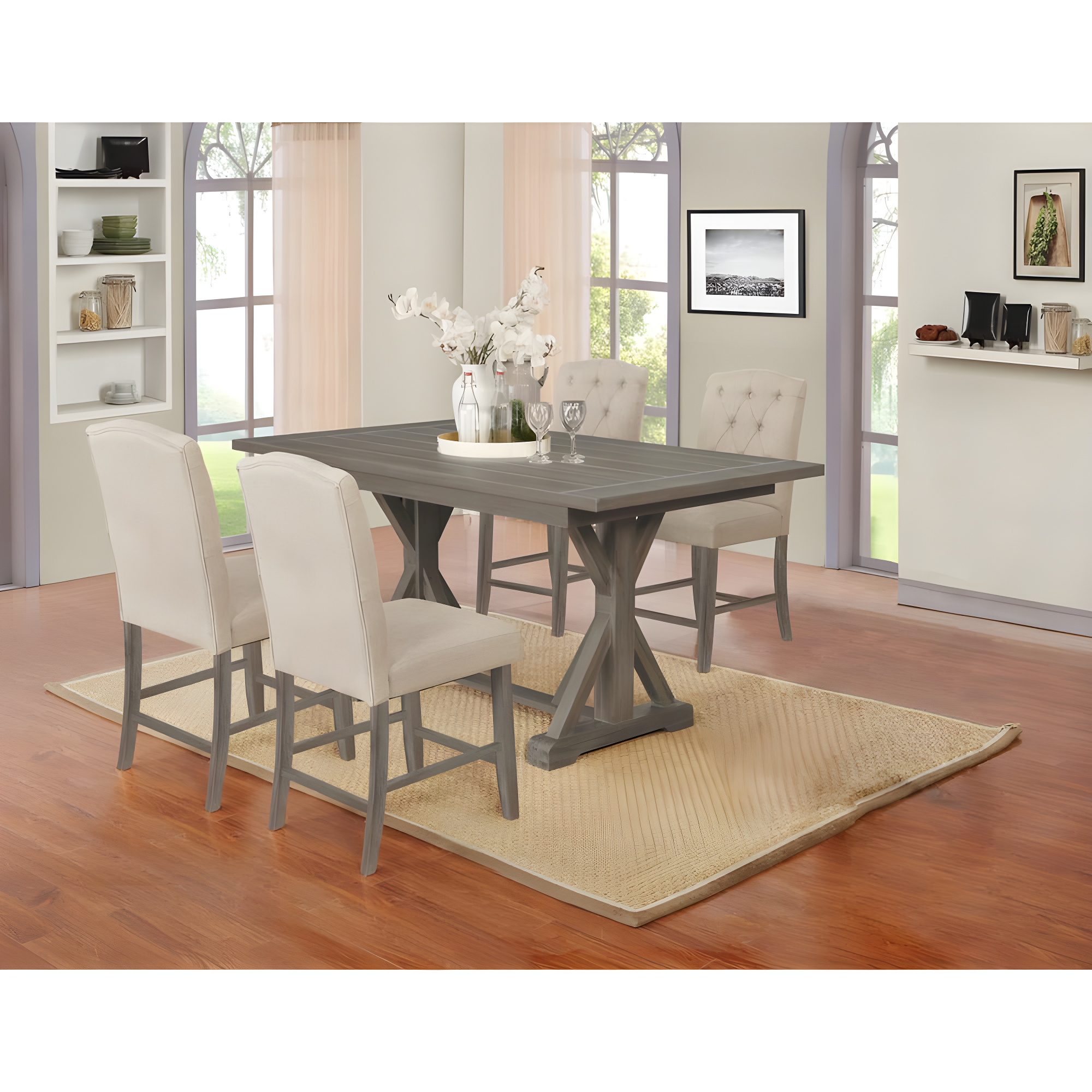 5-Piece Gray Counter Height Dining Set with Beige Linen Chairs