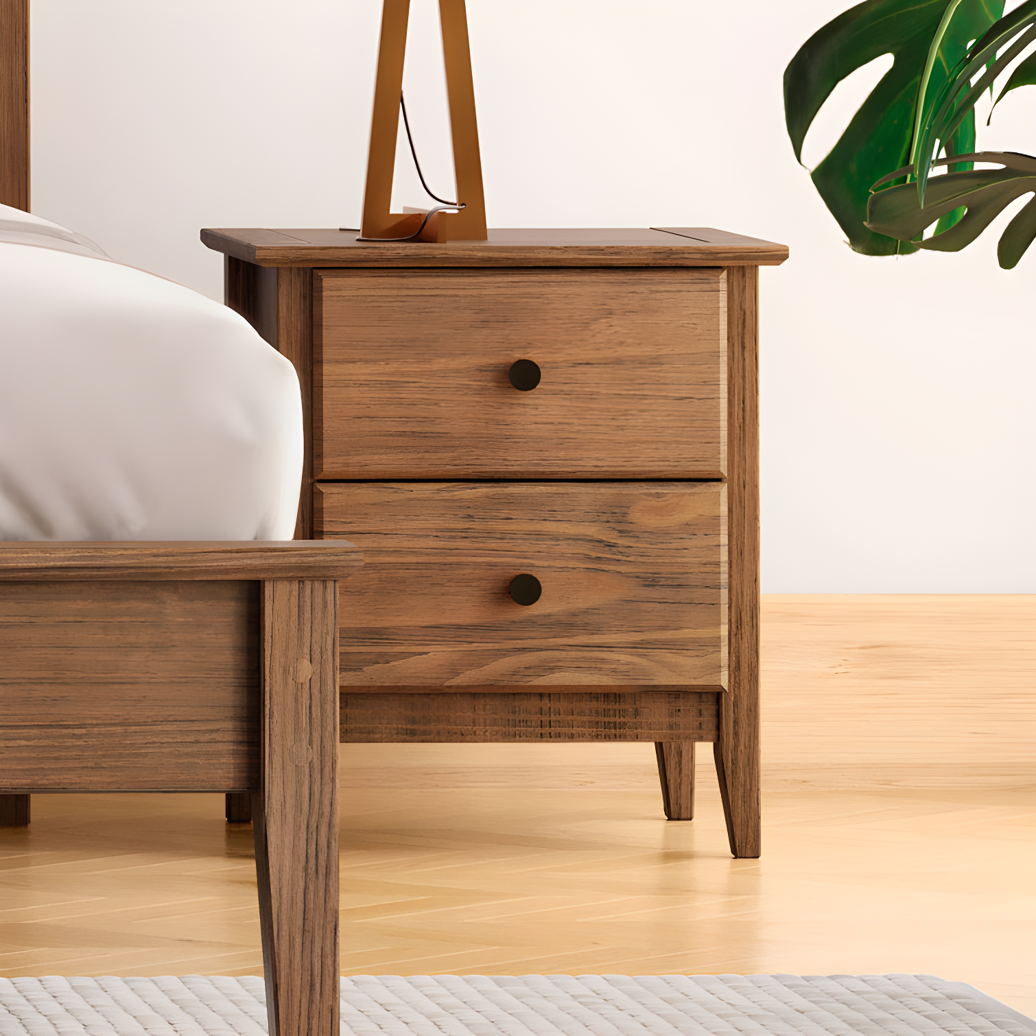 Brushed Walnut Solid Pine 2-Drawer Nightstand