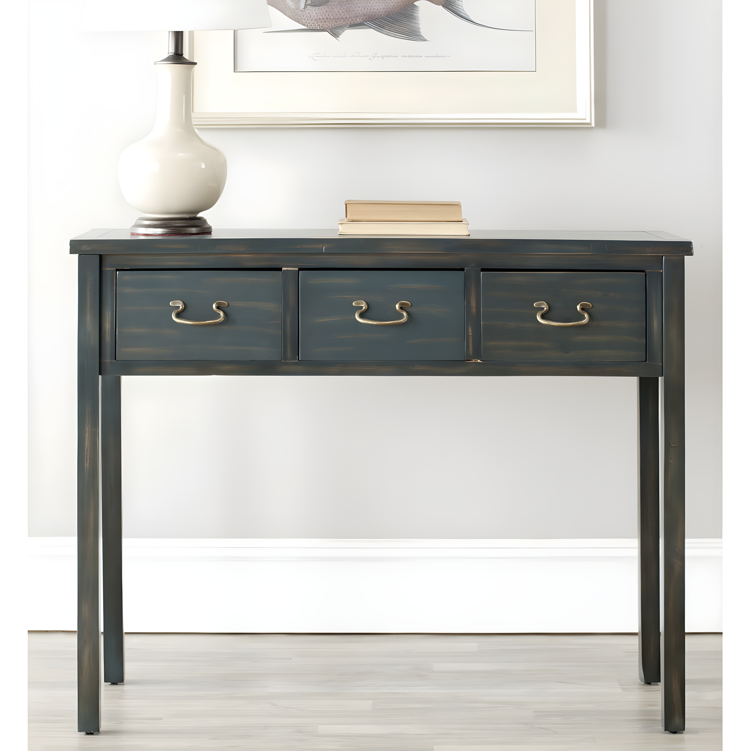 Gray and Blue Transitional Wood and Metal Console Table with Storage