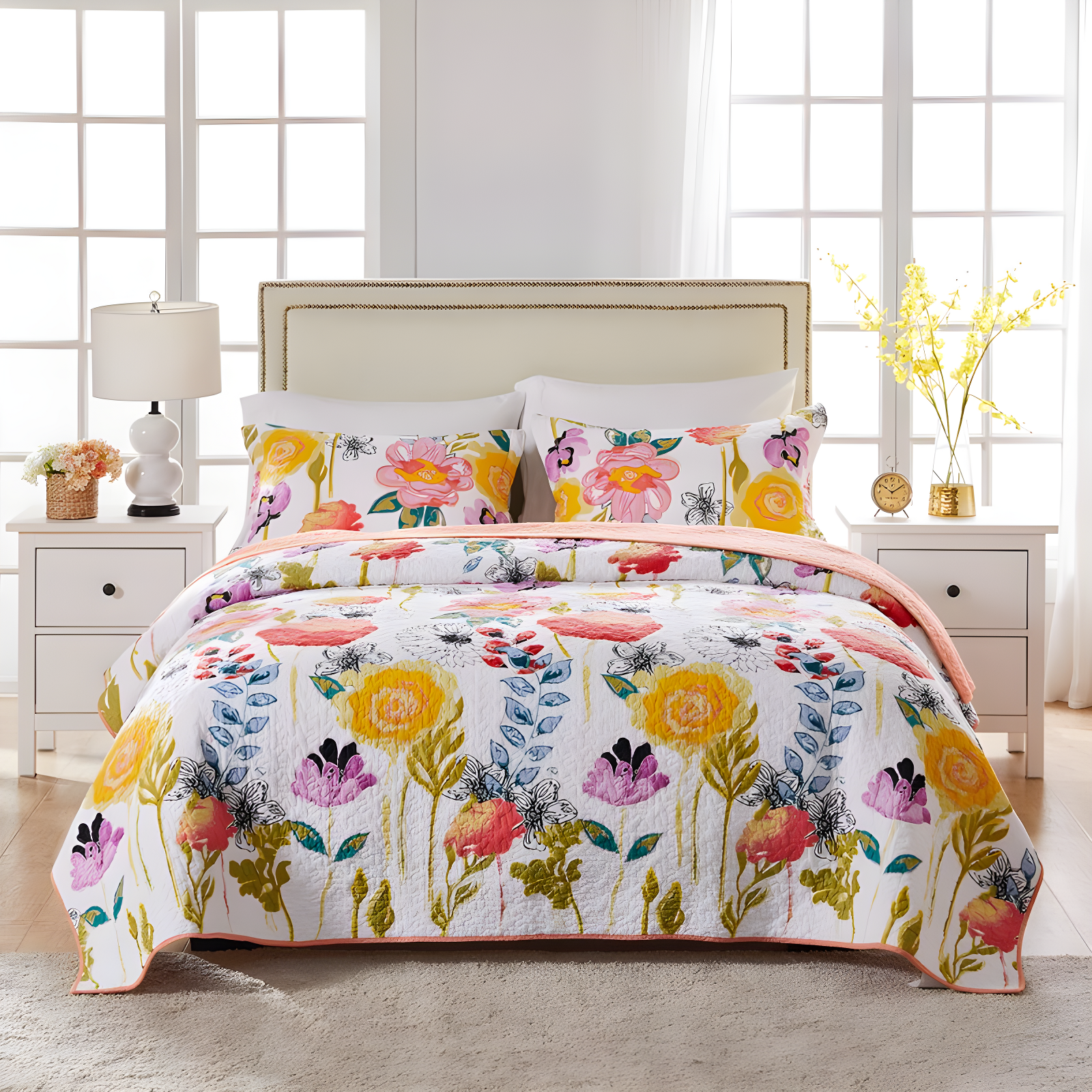 White Cotton King Floral Reversible Quilt Set