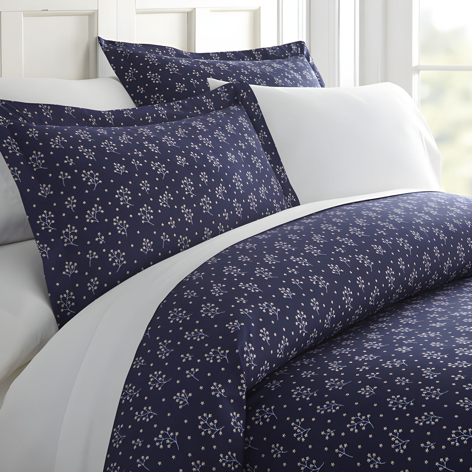 Navy and White Floral Microfiber Queen Duvet Cover Set