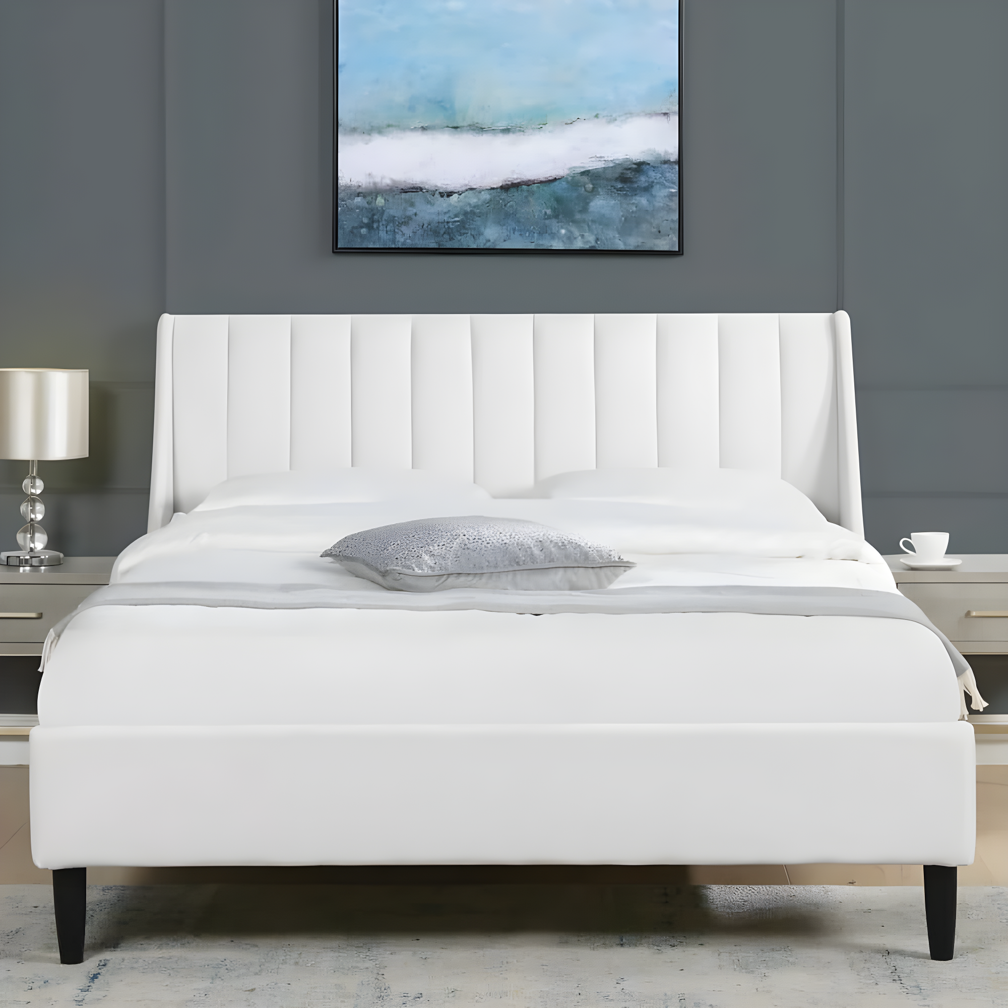 Aspen Queen Pine Upholstered Platform Bed with Tufted Headboard