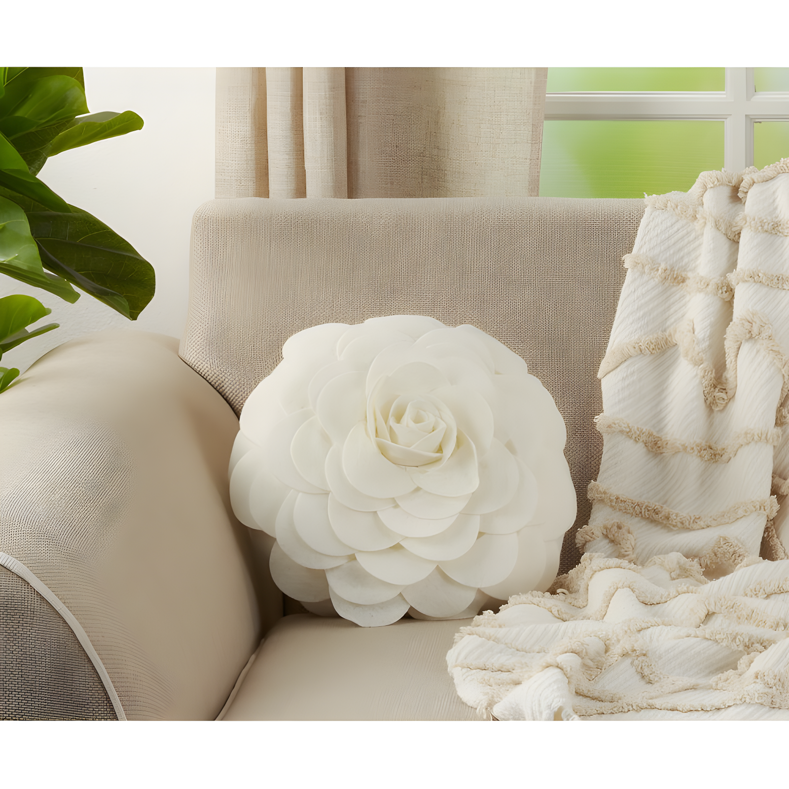 Ivory Round Flower Design Polyester Throw Pillow