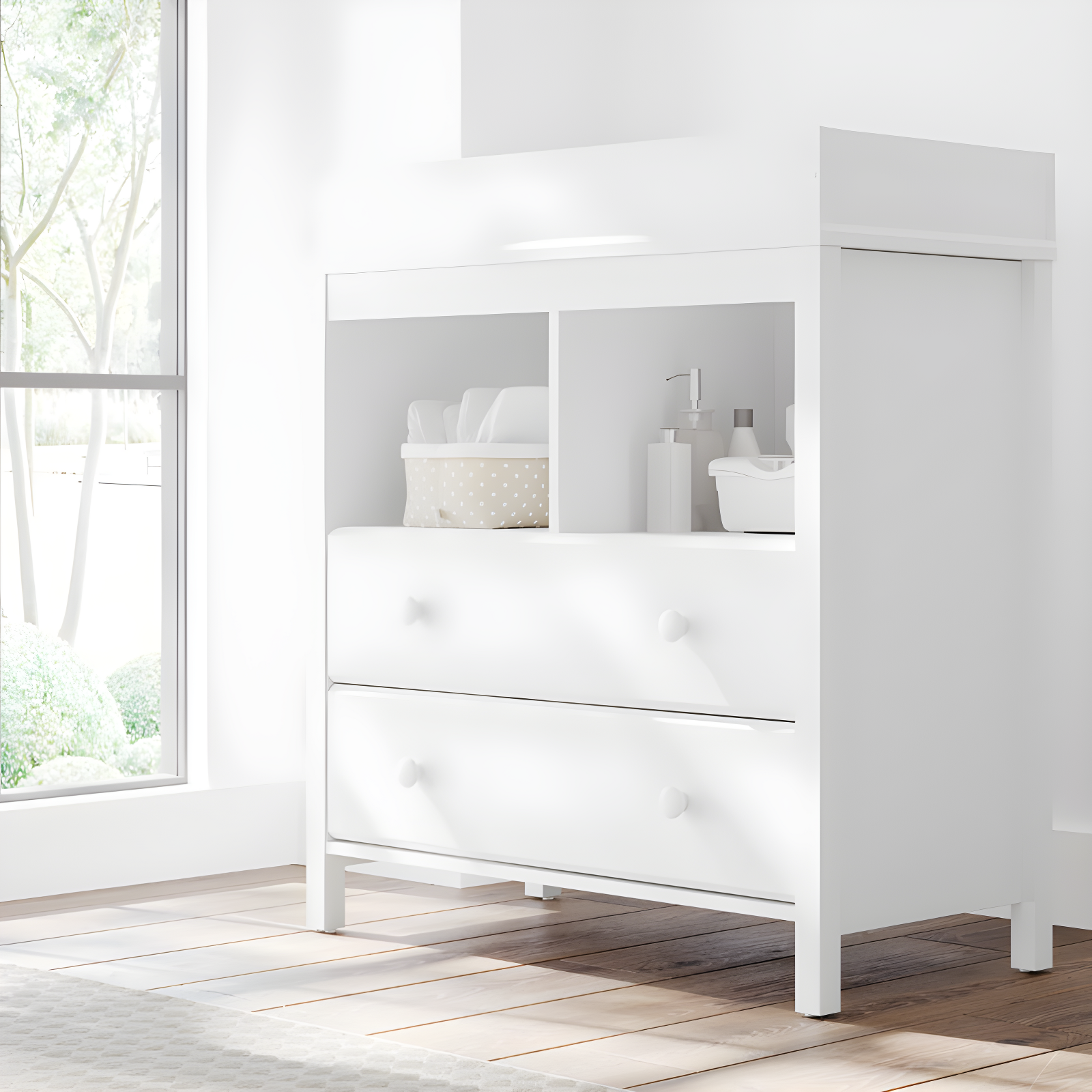 White 2-Drawer Changing Table Dresser with Shelves