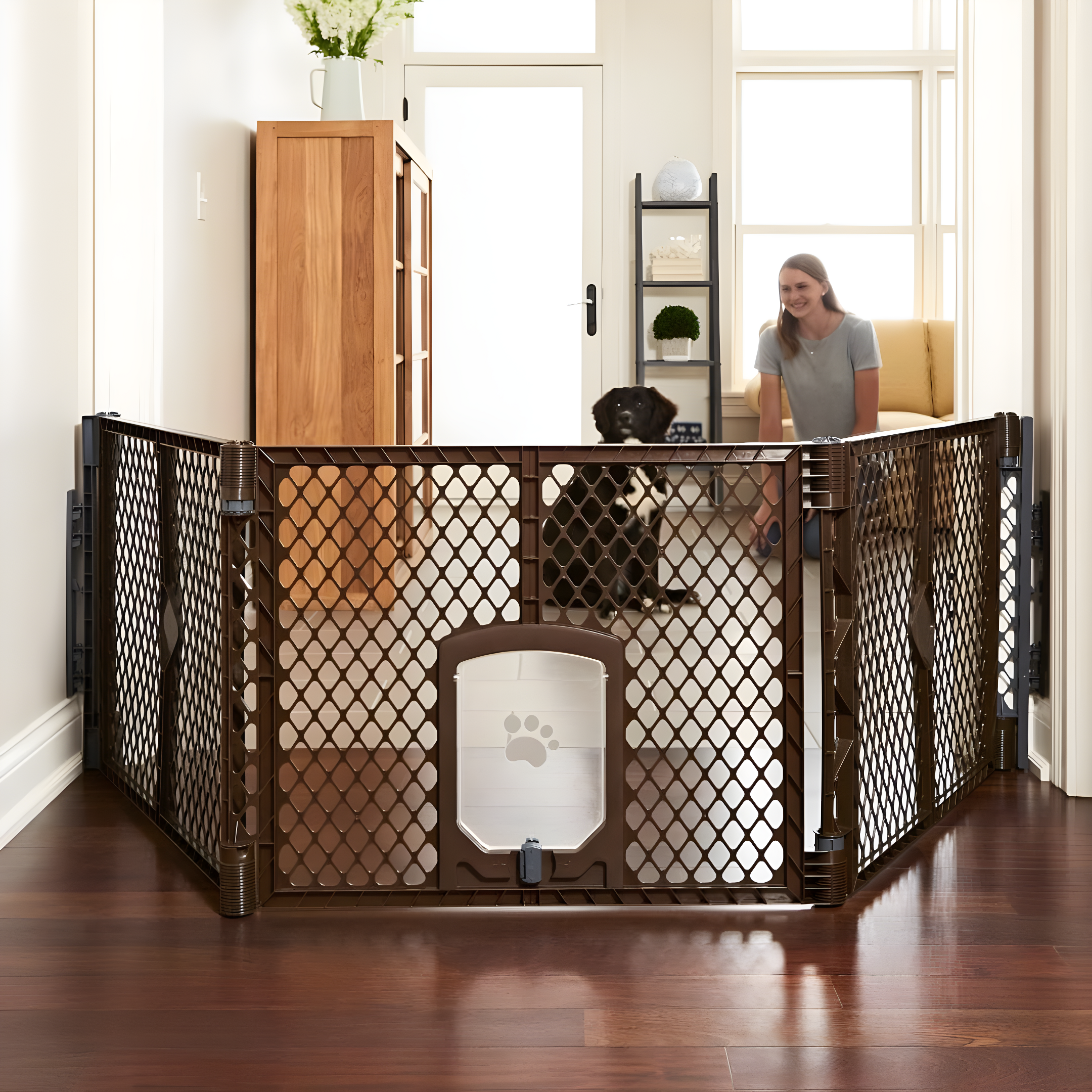 Brown Extra Wide Dog Gate with Small Pet Door