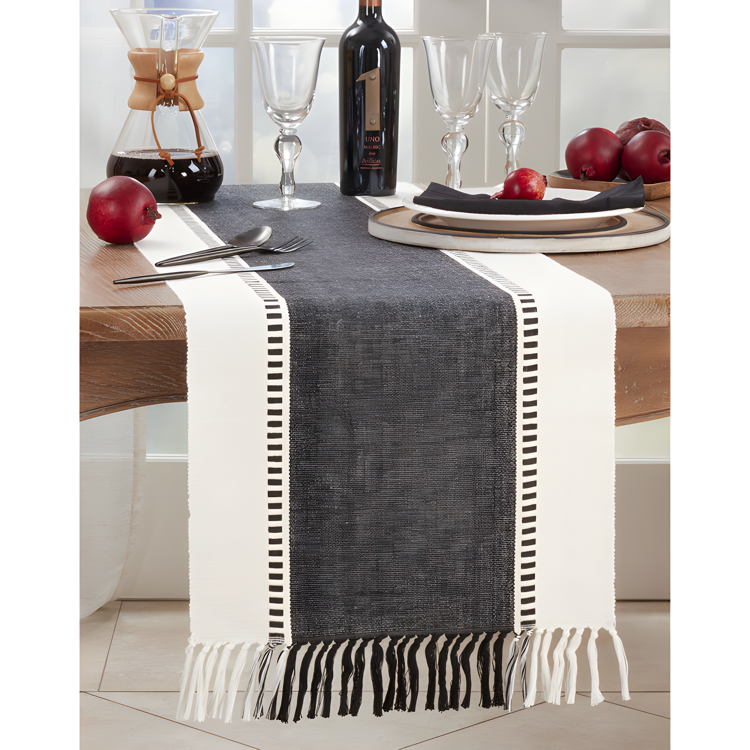 Black and White Striped Cotton Table Runner with Fringe