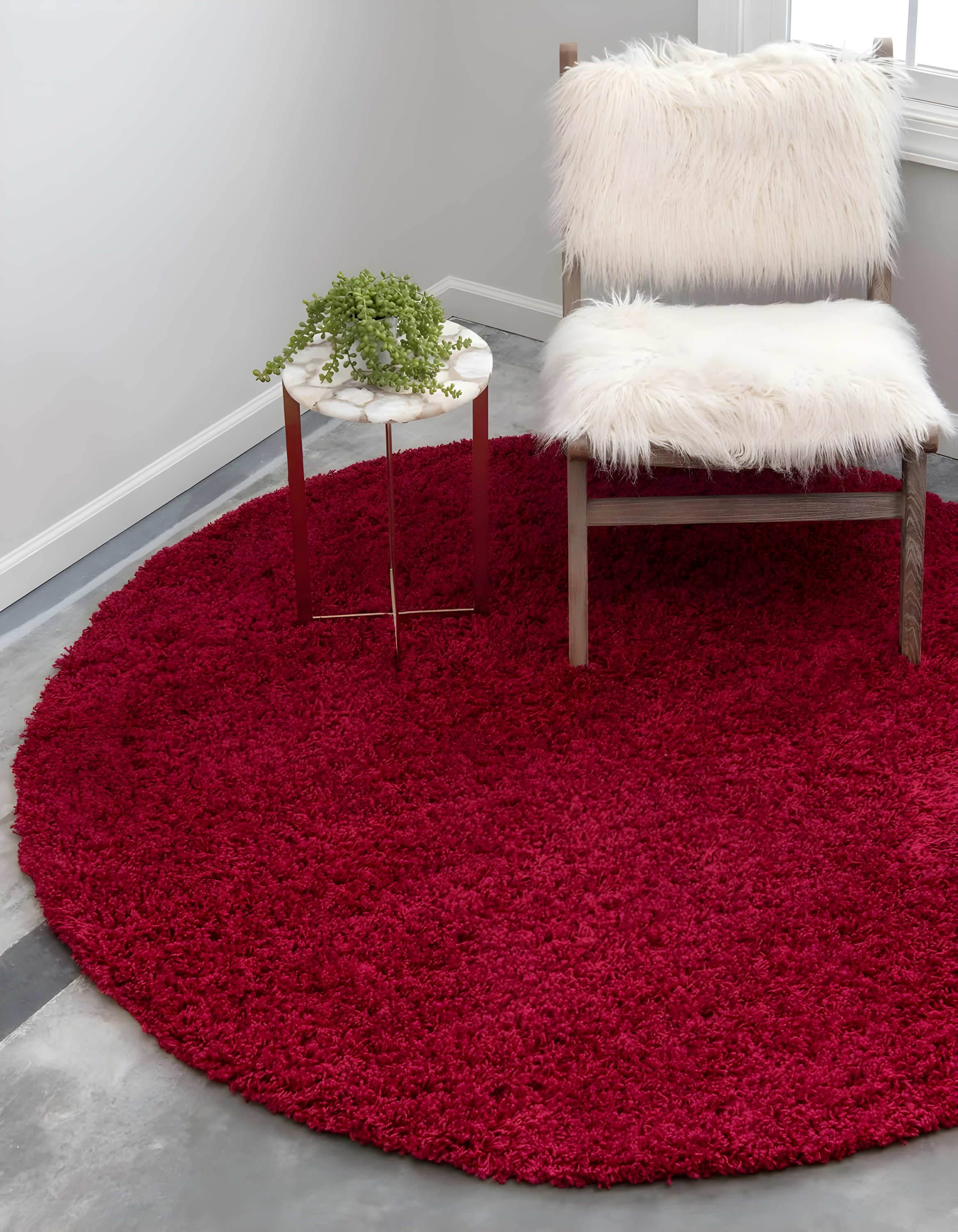 Luxe Cherry Red Round Shag Rug, Stain-Resistant & Washable