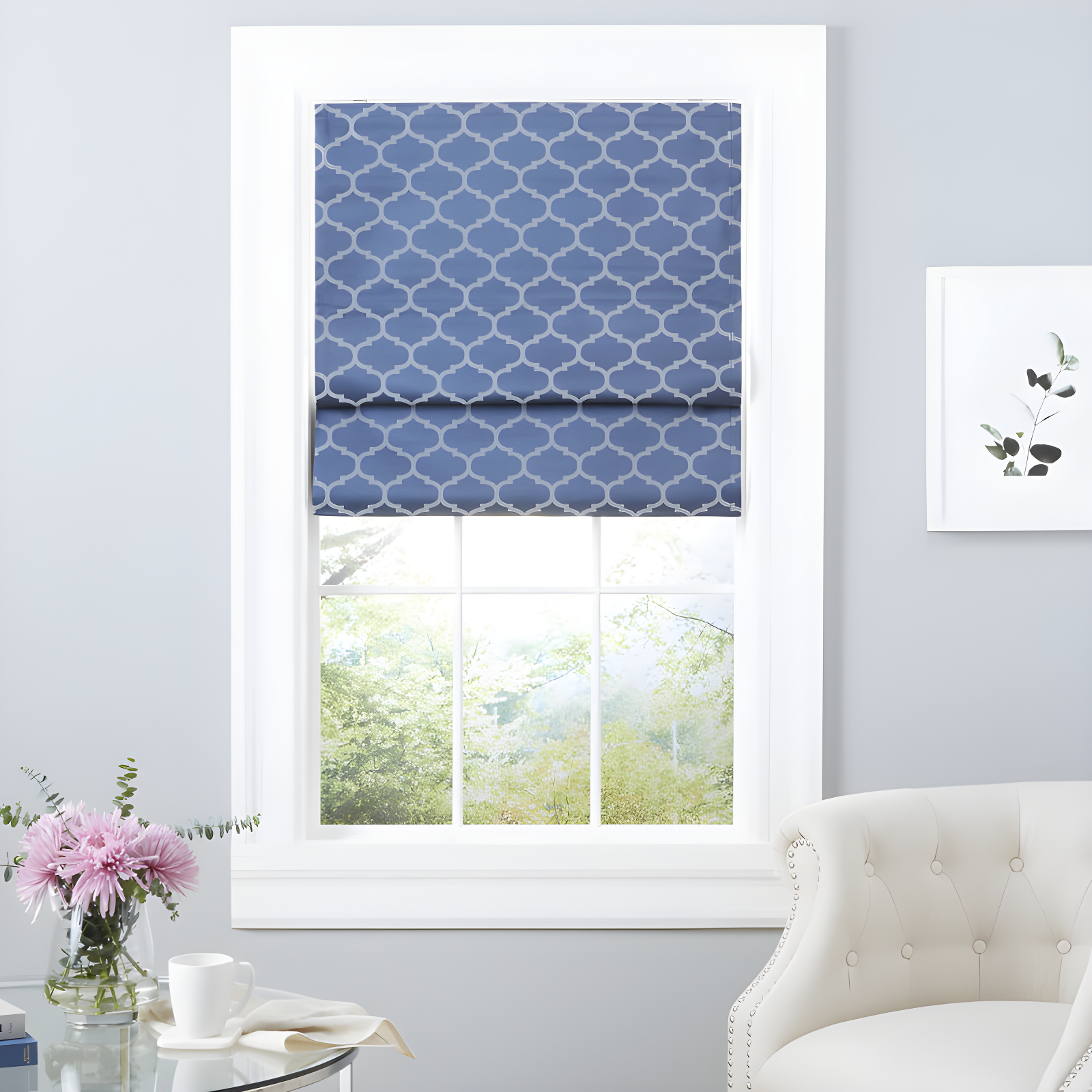 Indigo Trellis Pattern Cordless Blackout Roman Shade