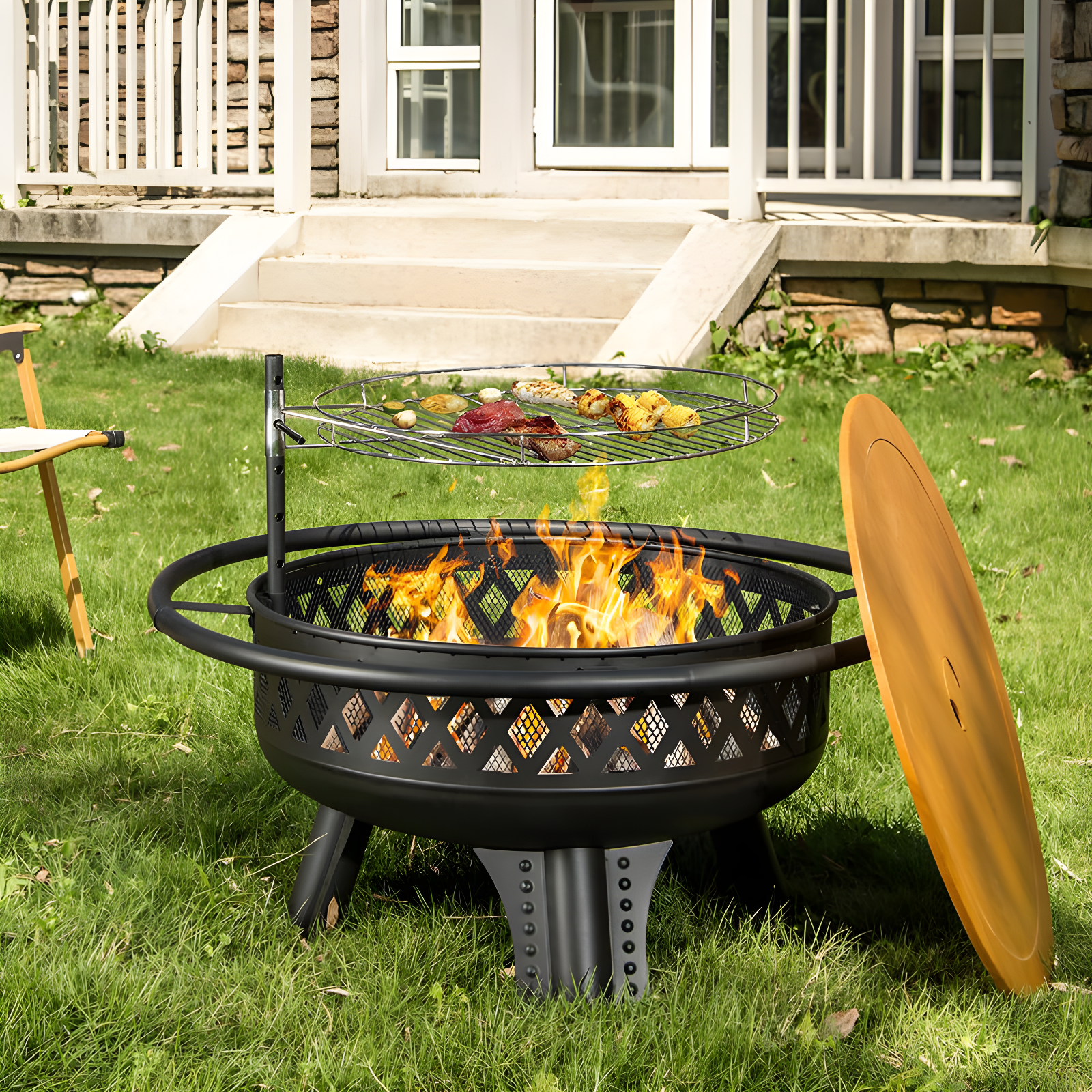 32 Inch Black Metal Fire Pit Table with Grill and Lid