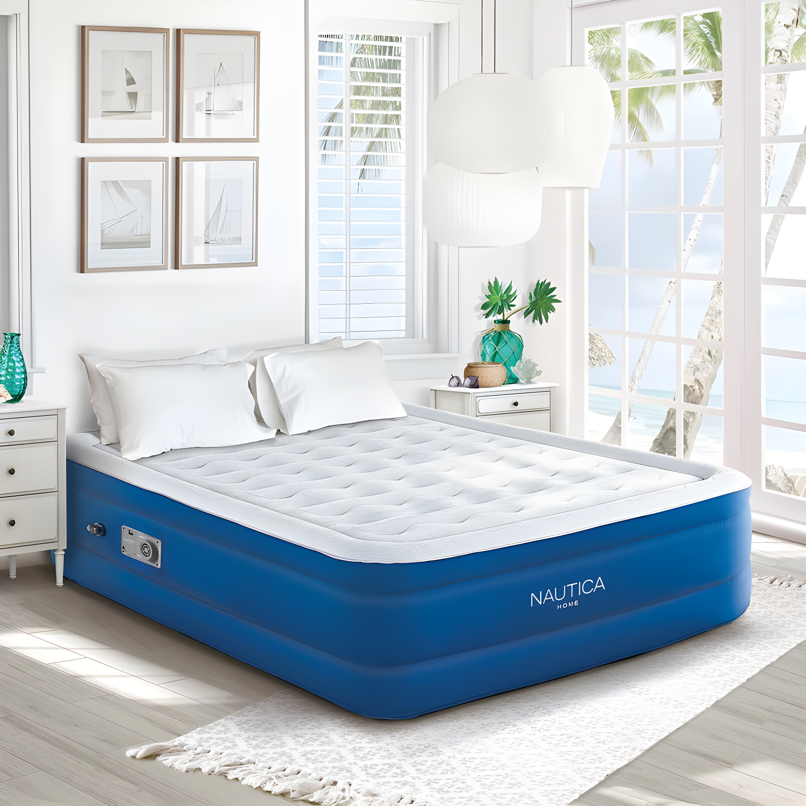 Queen Blue Raised Air Mattress with Built-in Pump