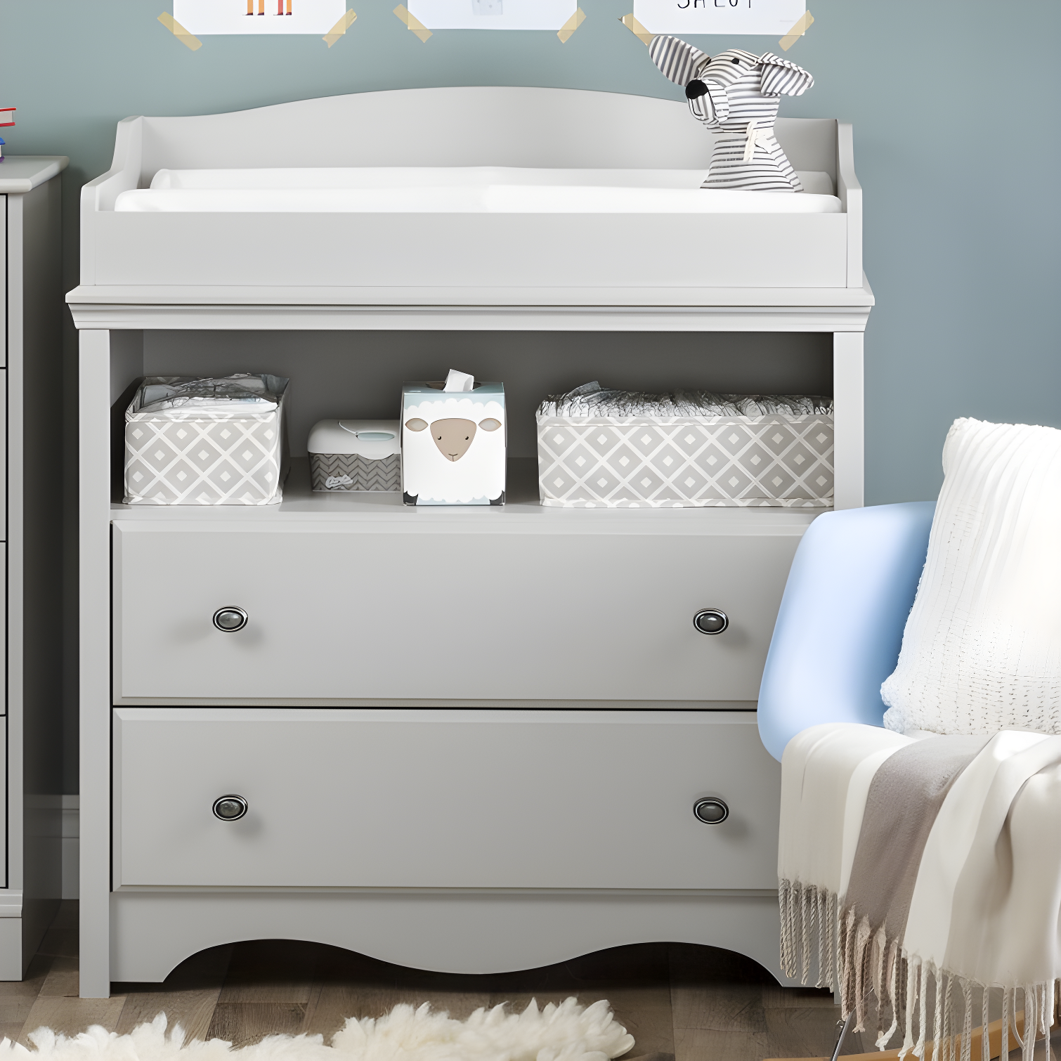 Soft Gray Classic Changing Table Dresser with Secure Front Panel