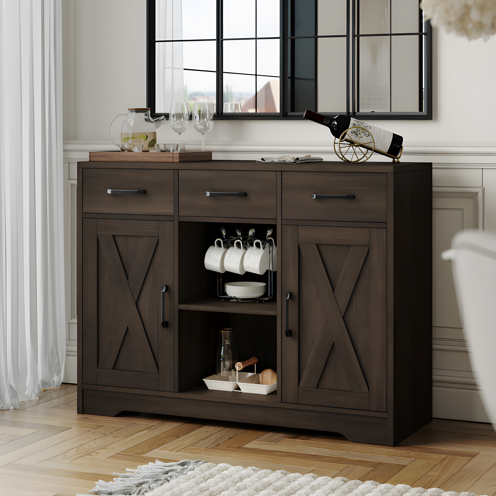 Dark Brown Wood 41.7'' Wide 3 Drawer Sideboard