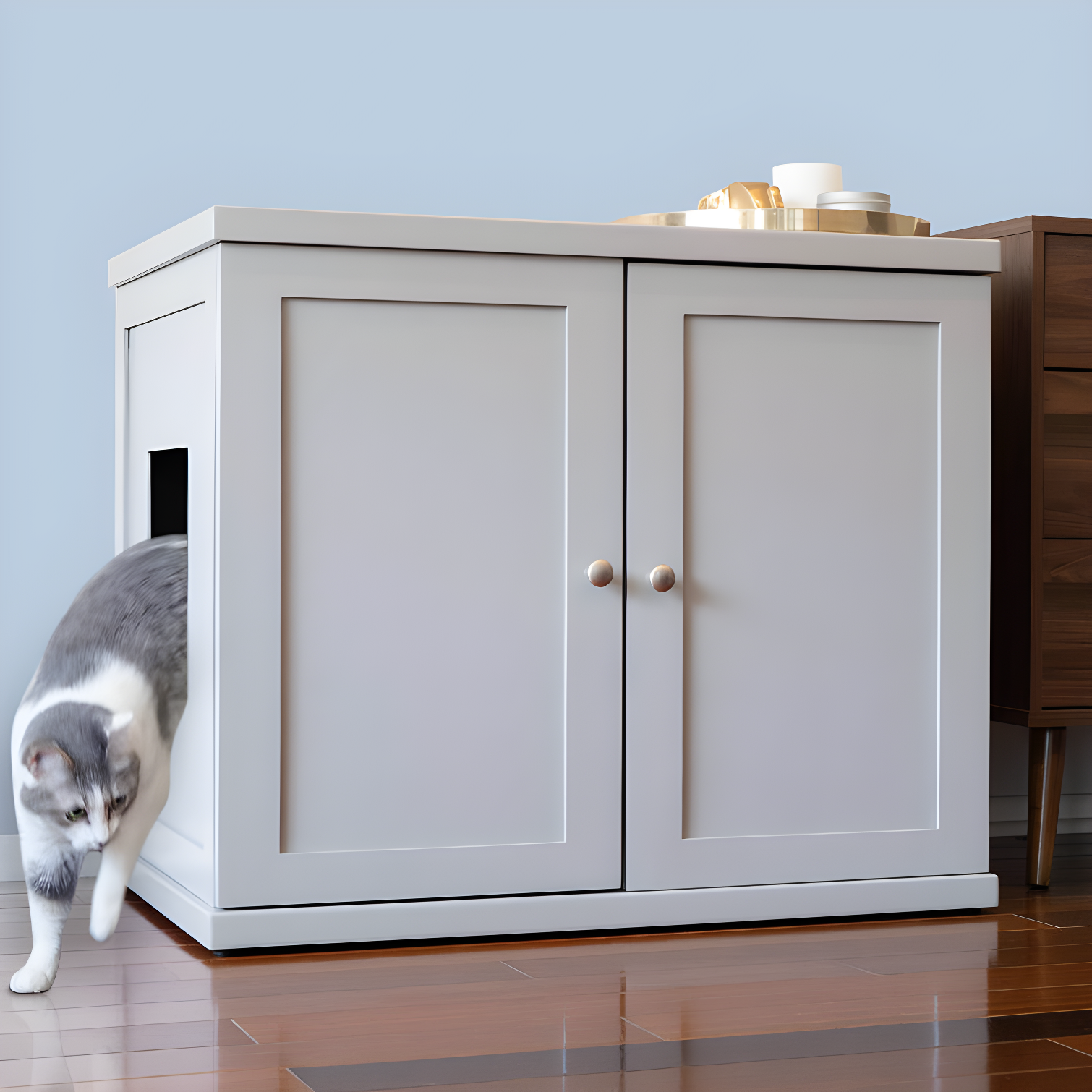 Smoke Gray Wood Cat Litter Box Enclosure Cabinet with Drawer