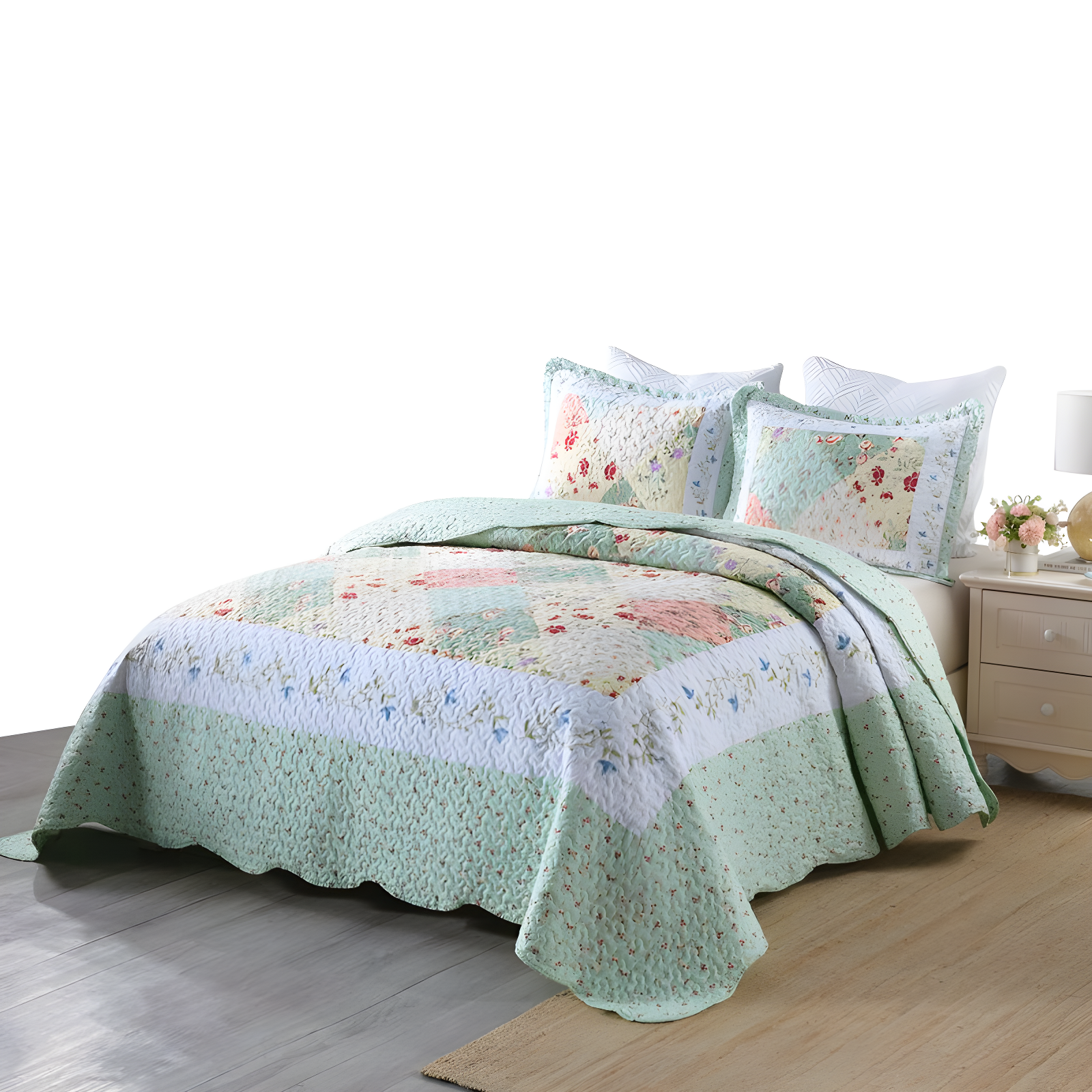 Queen Multi-Color Floral Quilt Set with Scallop Edges