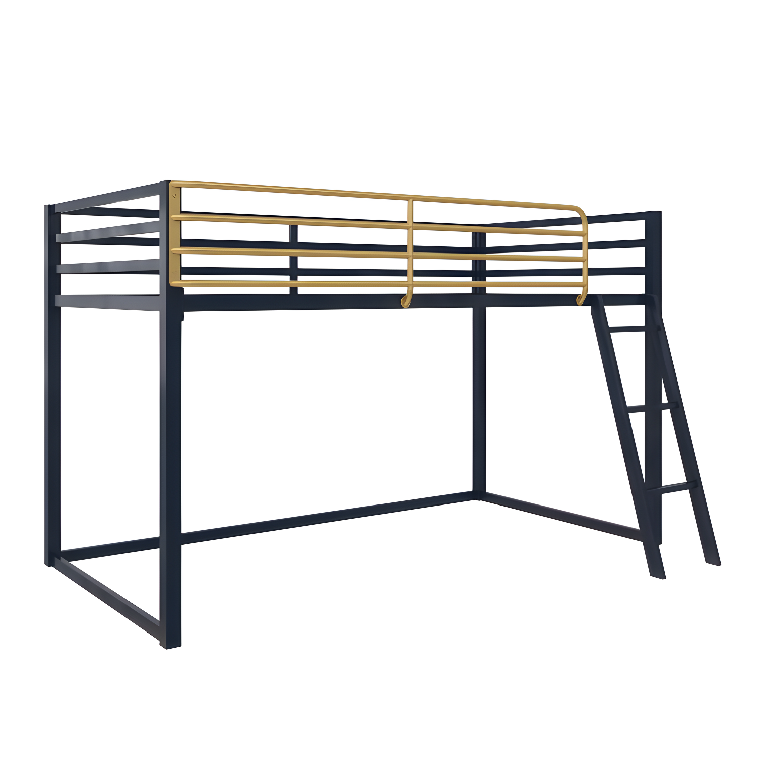 Navy Twin Metal Loft Bed with Gold Rail and Ladder