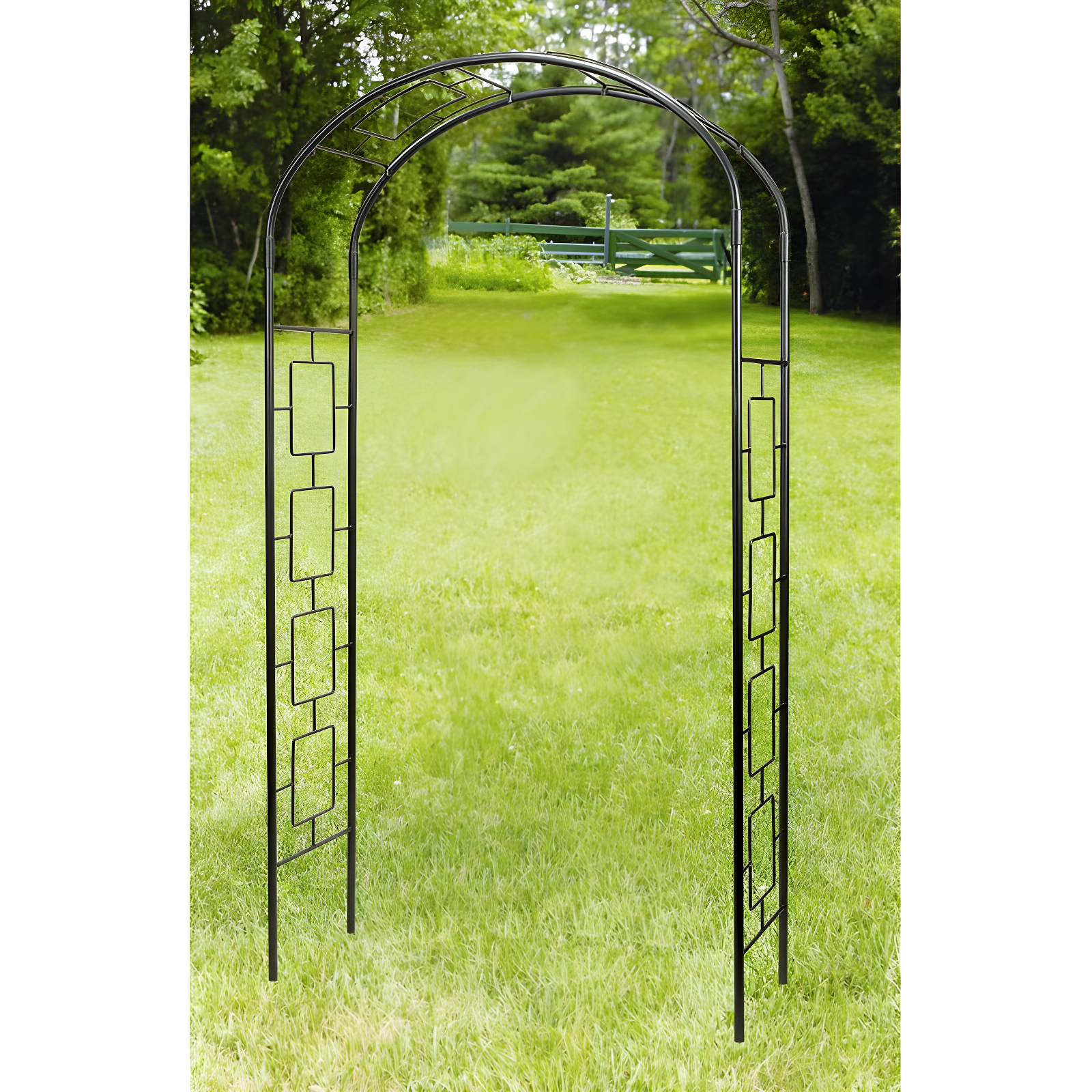 Modern Black Wrought Iron Garden Arbor with Square Motif