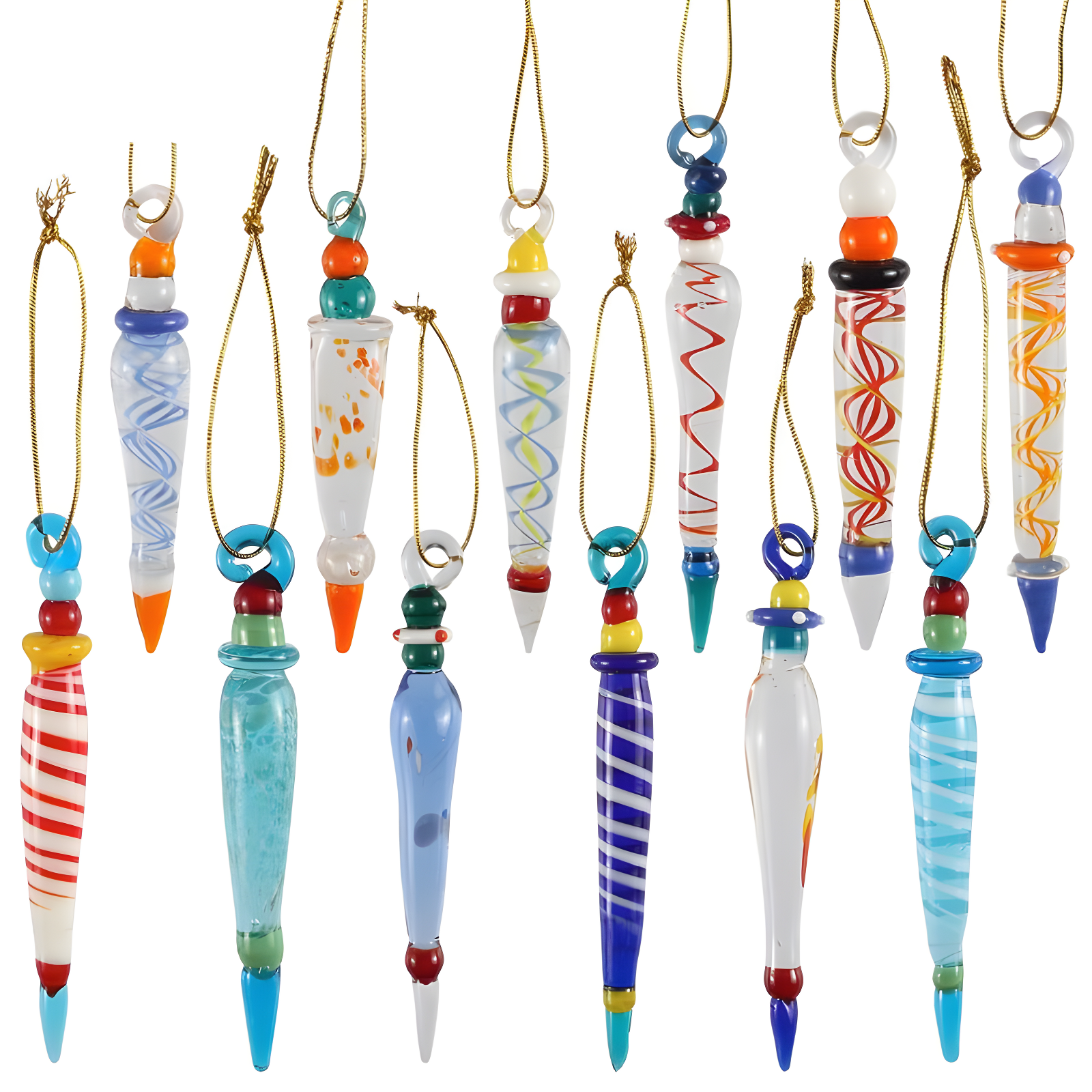 Set of 12 Multicolor Glass Icicle Christmas Ornaments