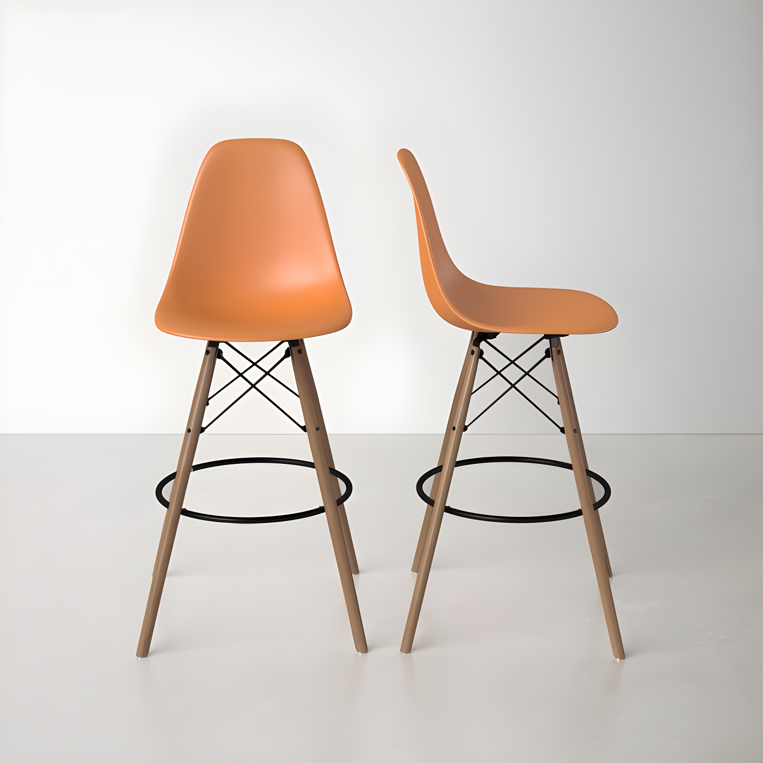 Jordan Orange and Natural Mid-Century Modern Bar Stools, Set of 2