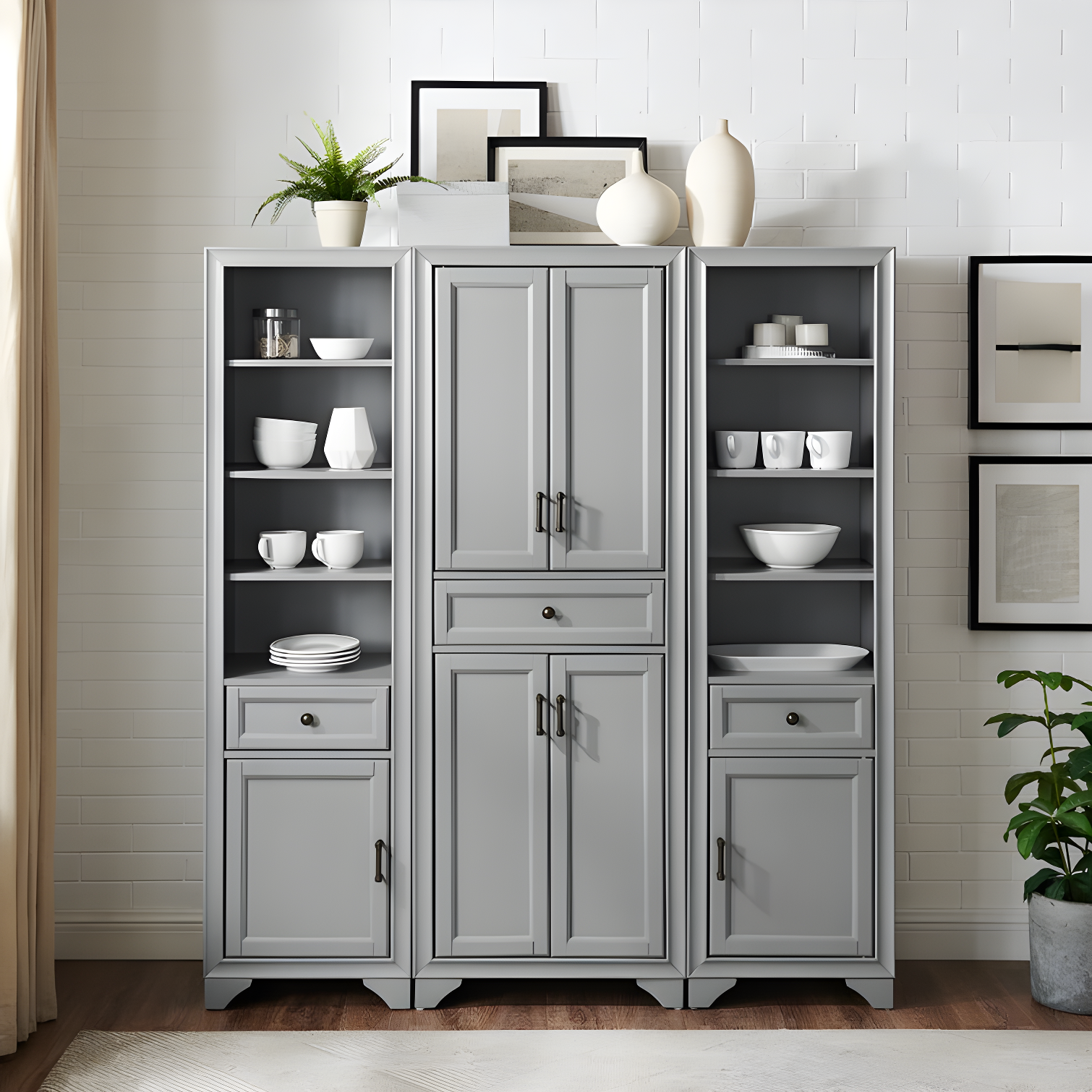 Distressed Gray 3-Piece Kitchen Pantry Set with Shelves