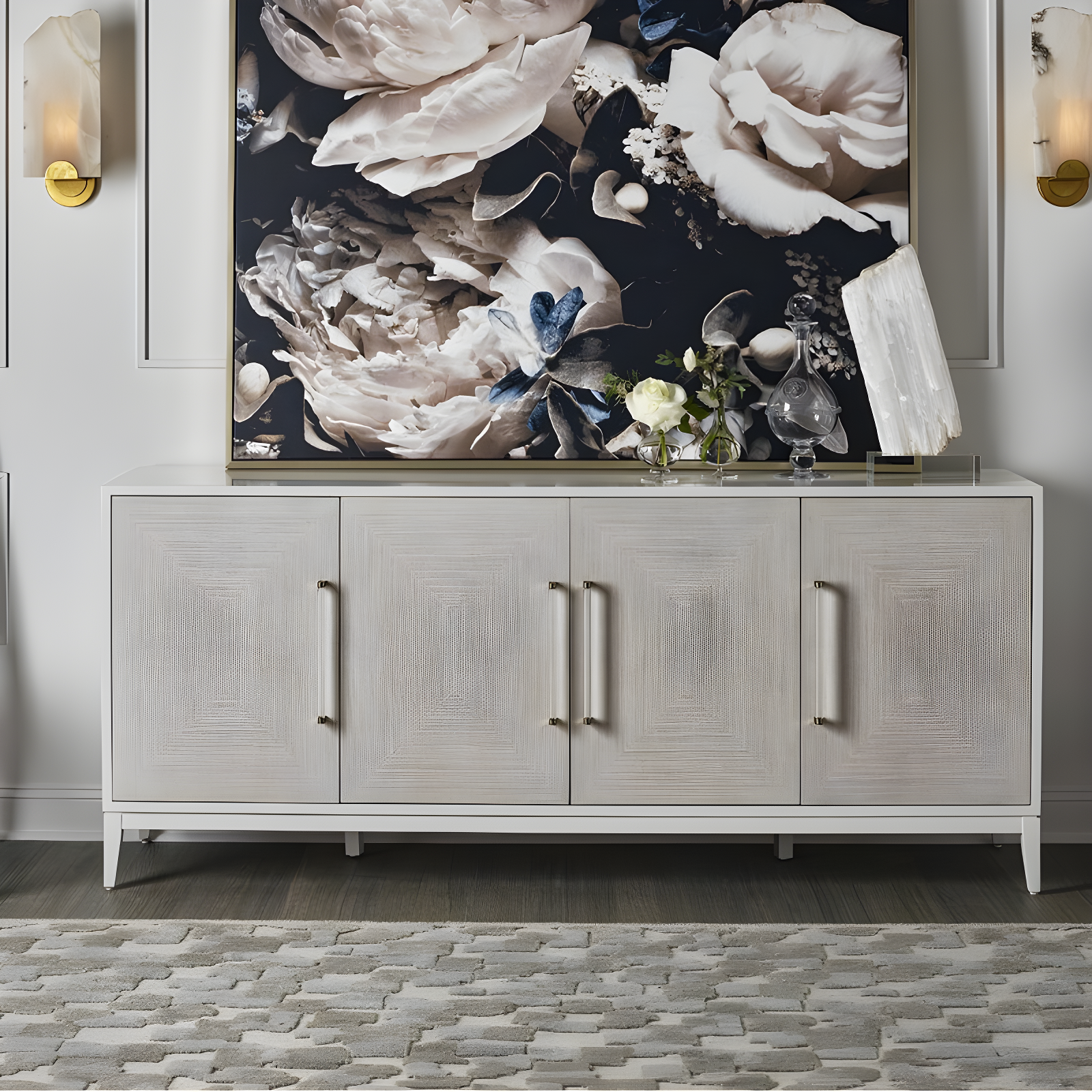 Beige and White Lacquered Hardwood Sideboard with Acrylic Pulls