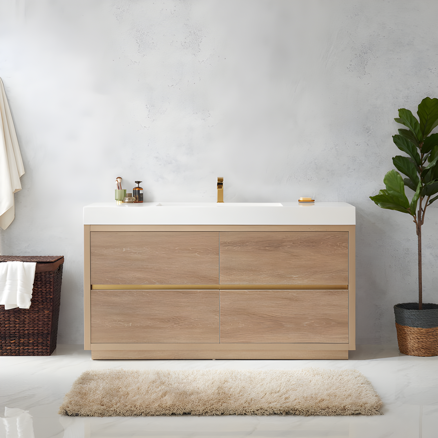 60" Oak Single Bathroom Vanity with White Composite Top