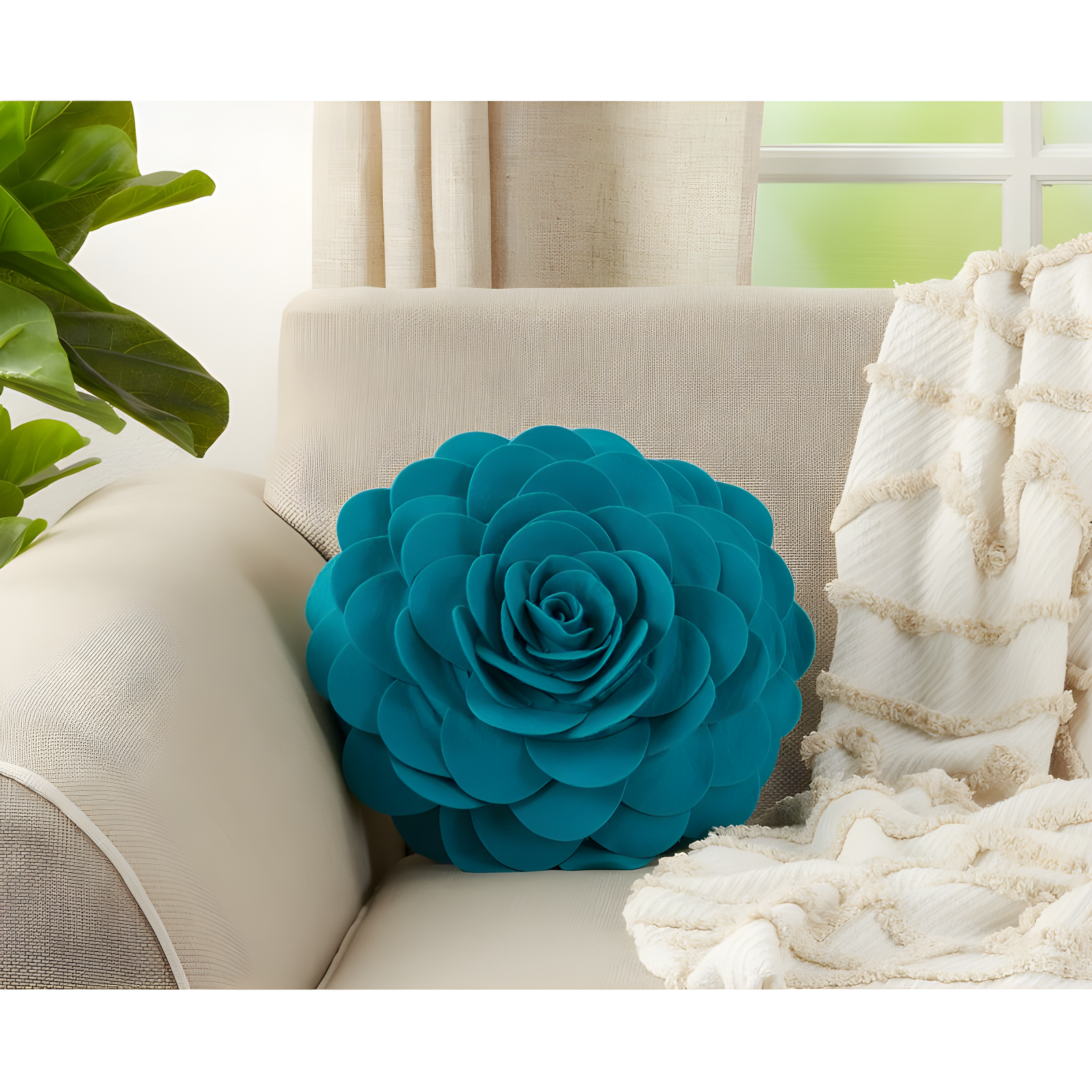 Teal Round Flower Design Polyester Throw Pillow, 16 inches