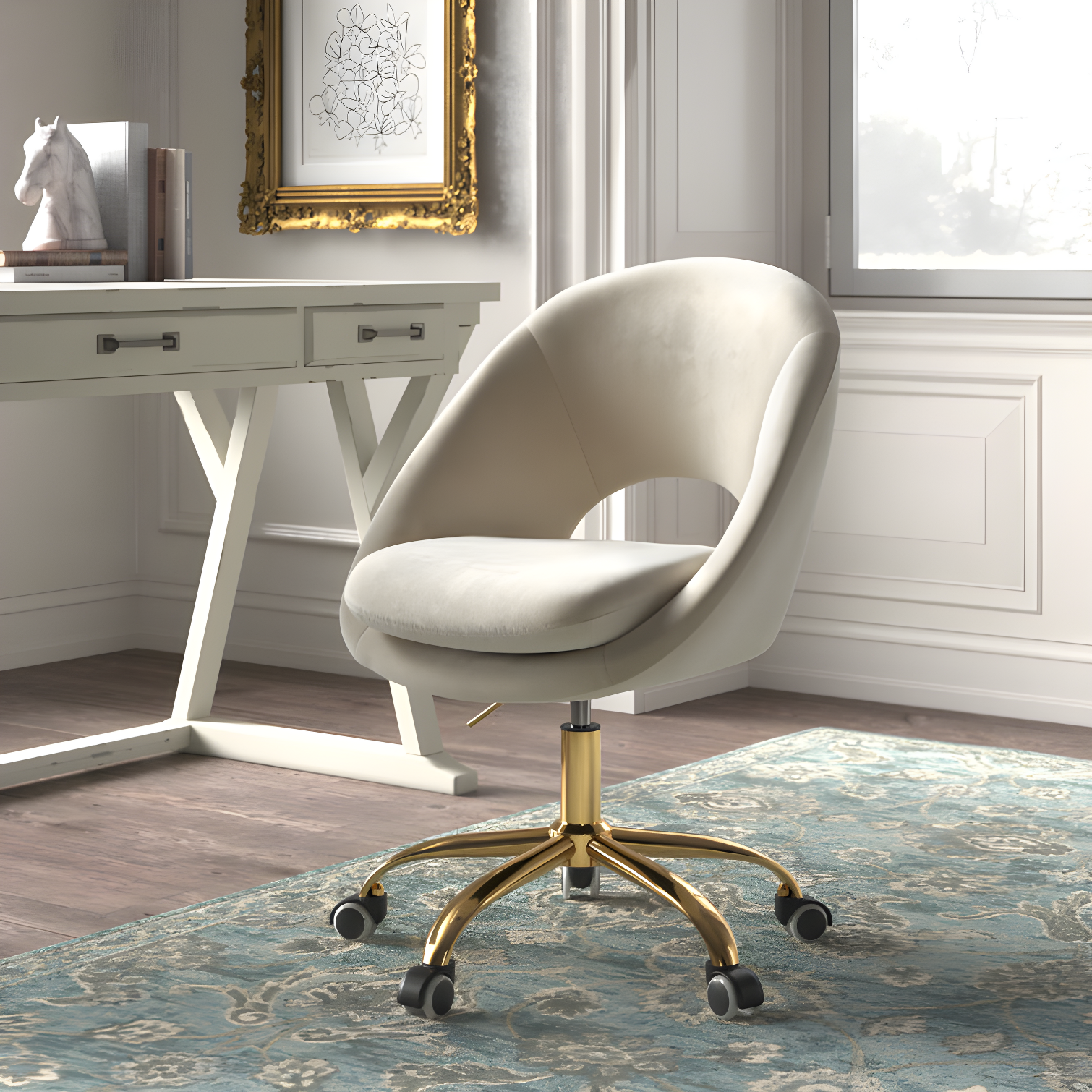 ErgoSwivel Tan Velvet Task Chair with Metal Base and Pine Accents