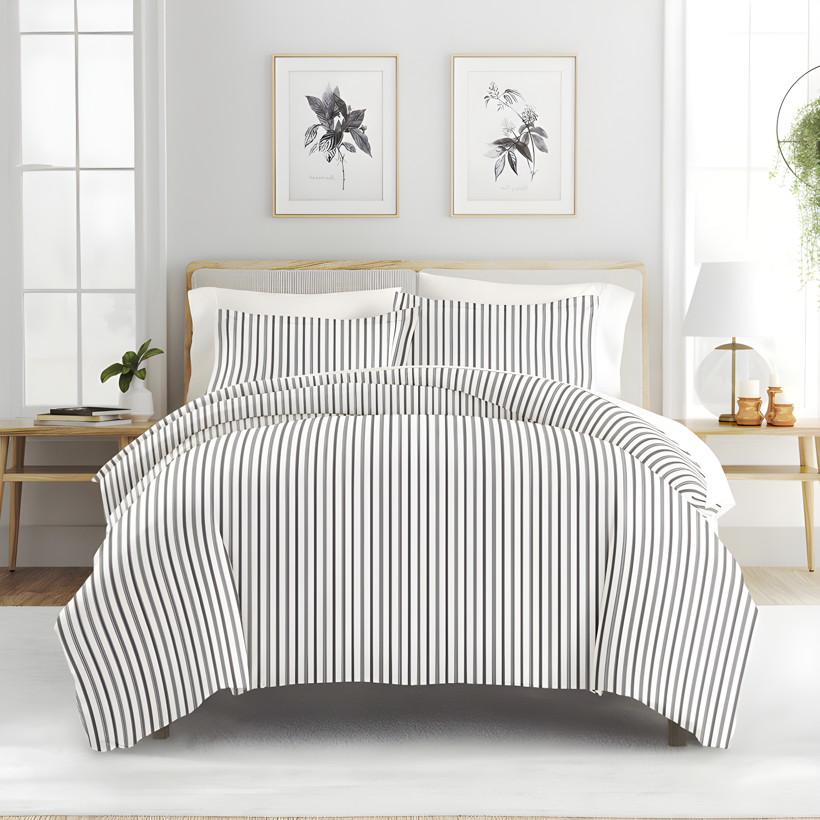 Twin/Twin XL Gray and White Striped Microfiber Duvet Cover Set