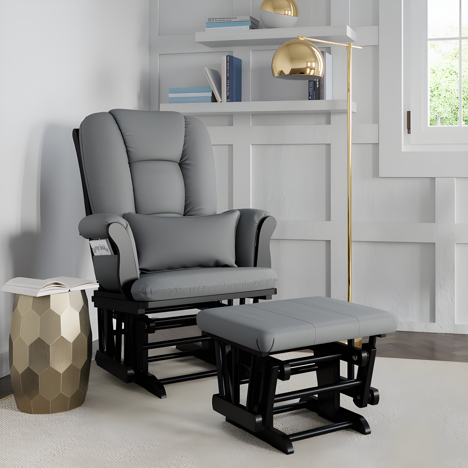 Black and Gray Wood Nursery Glider with Ottoman