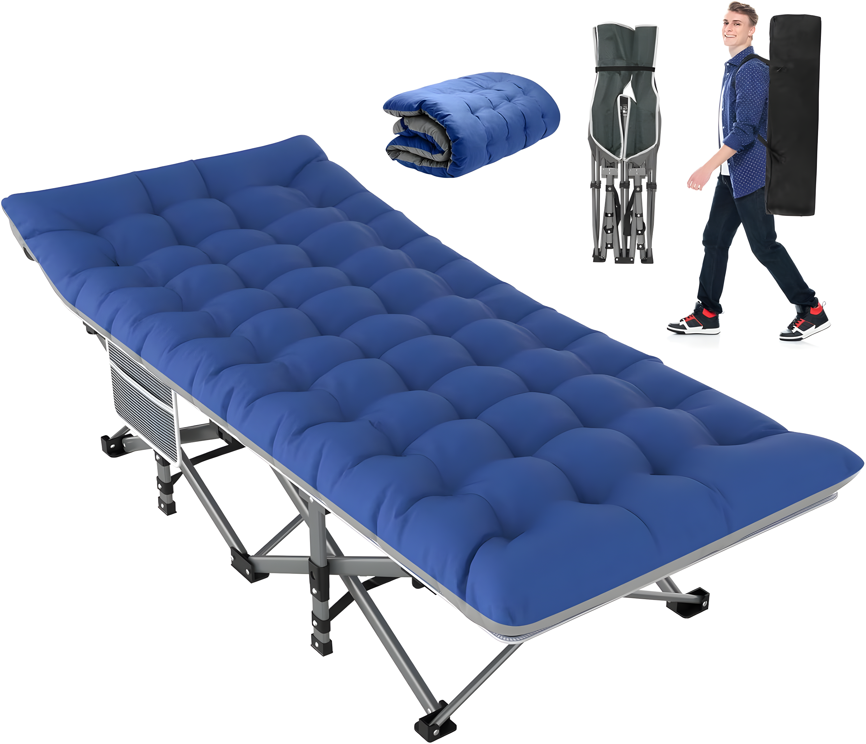 Blue Folding Camping Cot with Mattress and Carry Bag