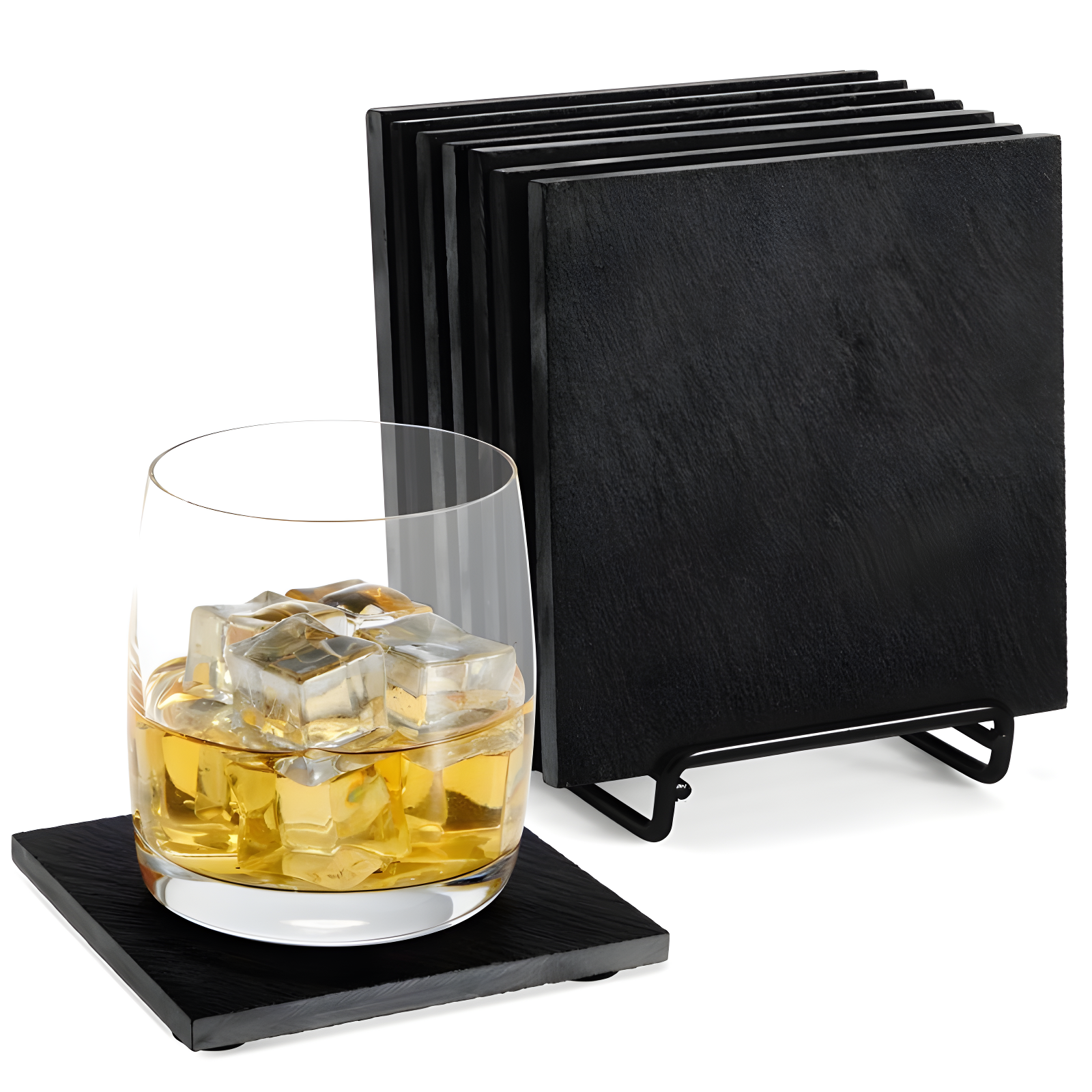 Set of 8 Black Slate Square Coasters with Holder