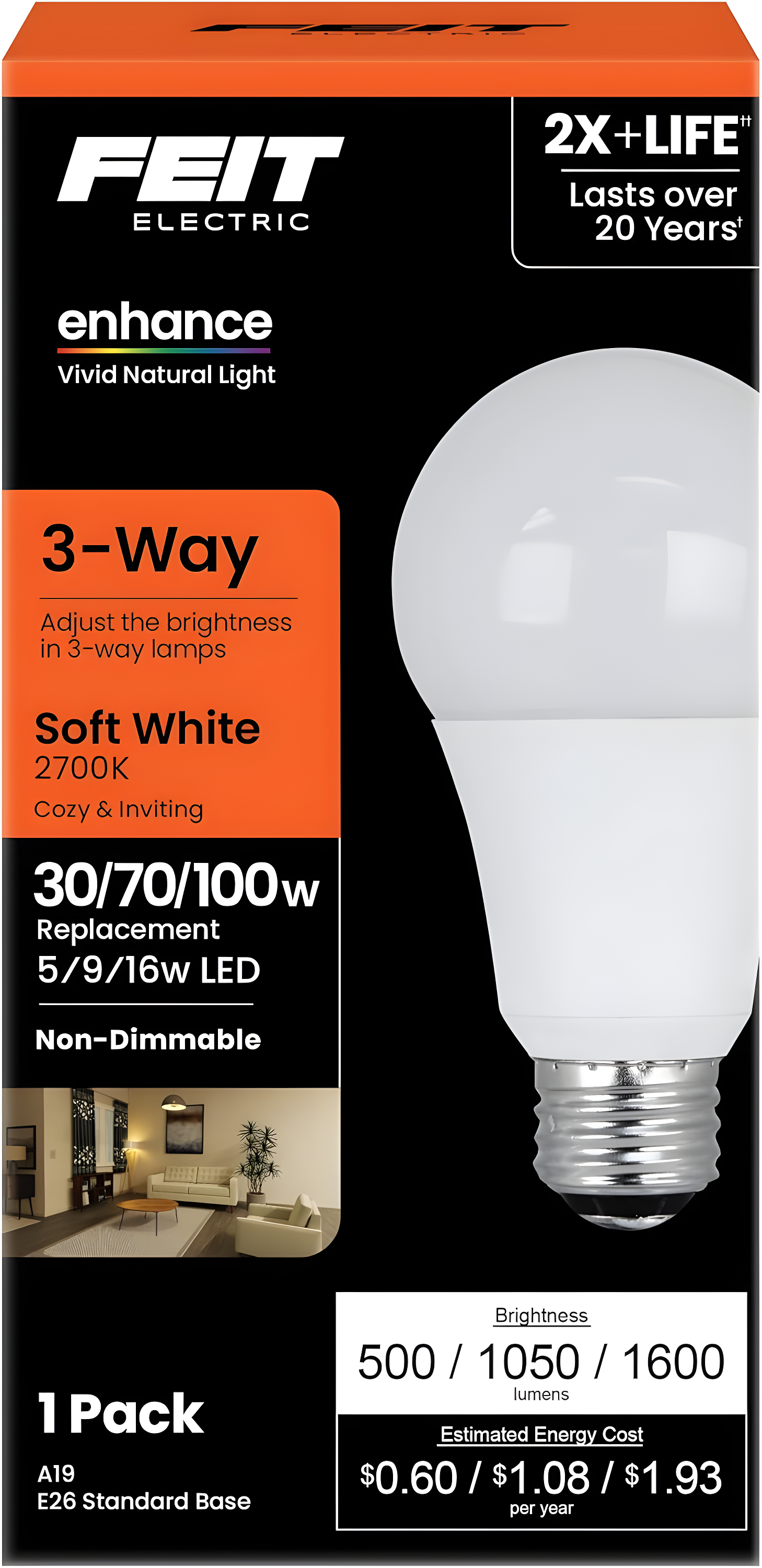 Feit White 3-Way A19 LED Bulb with E26 Base