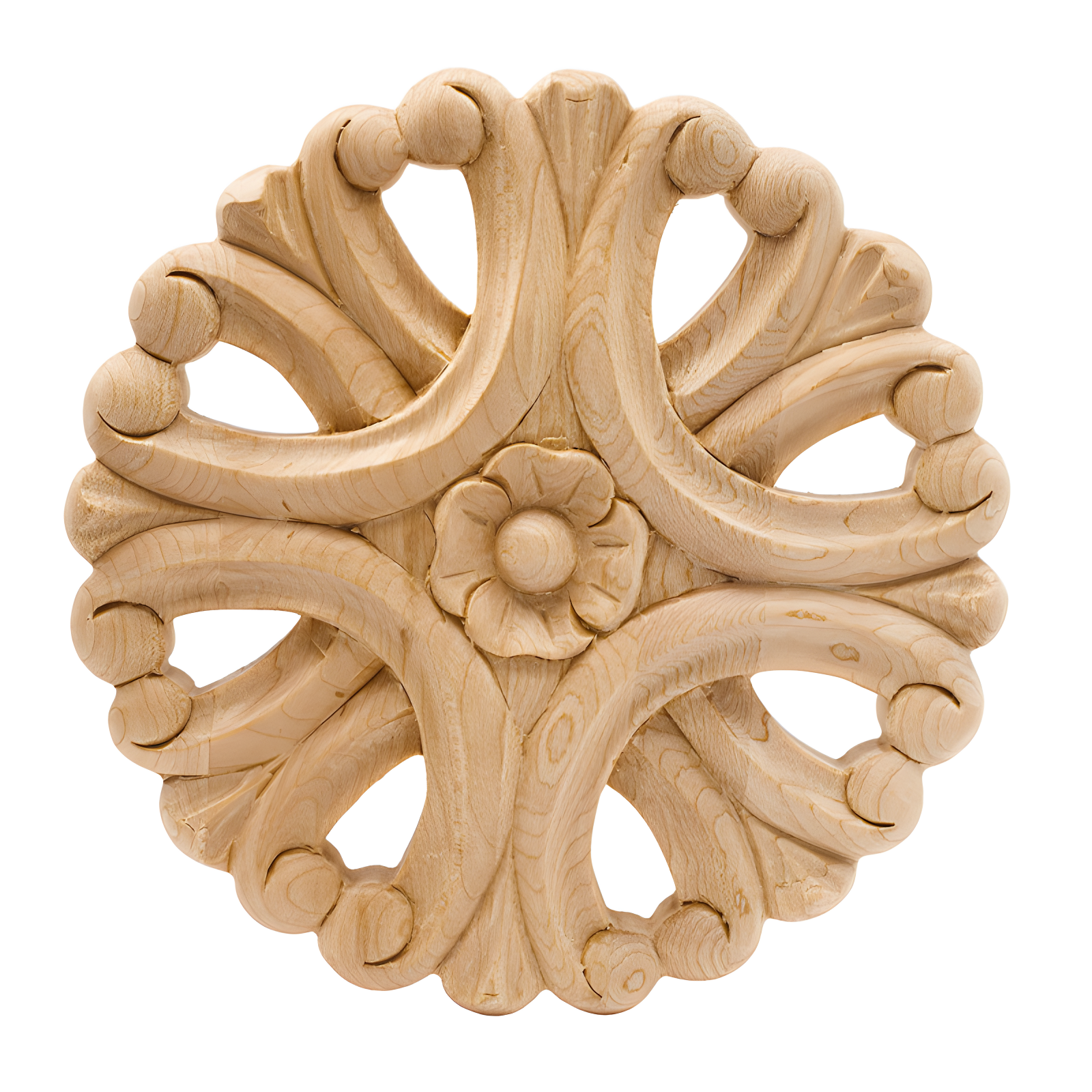 7-Inch Round Hand Carved Maple Decorative Rosette Applique