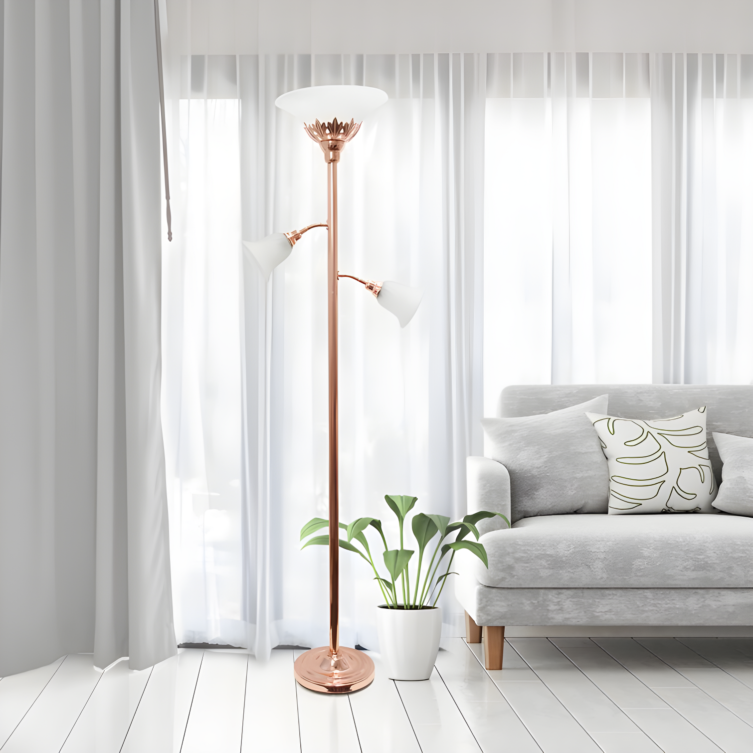 Elegant Rose Gold 71'' Floor Lamp with White Scalloped Glass Shades