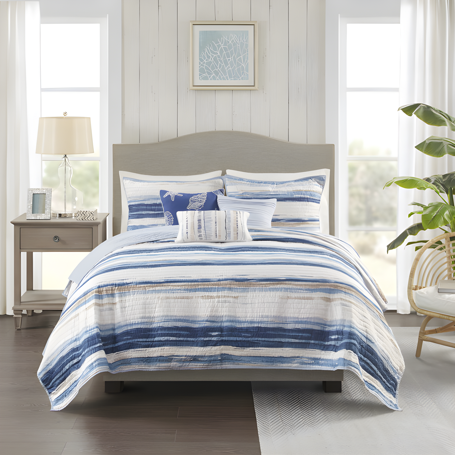 Nautical Blue Microfiber Reversible Full Quilt Set