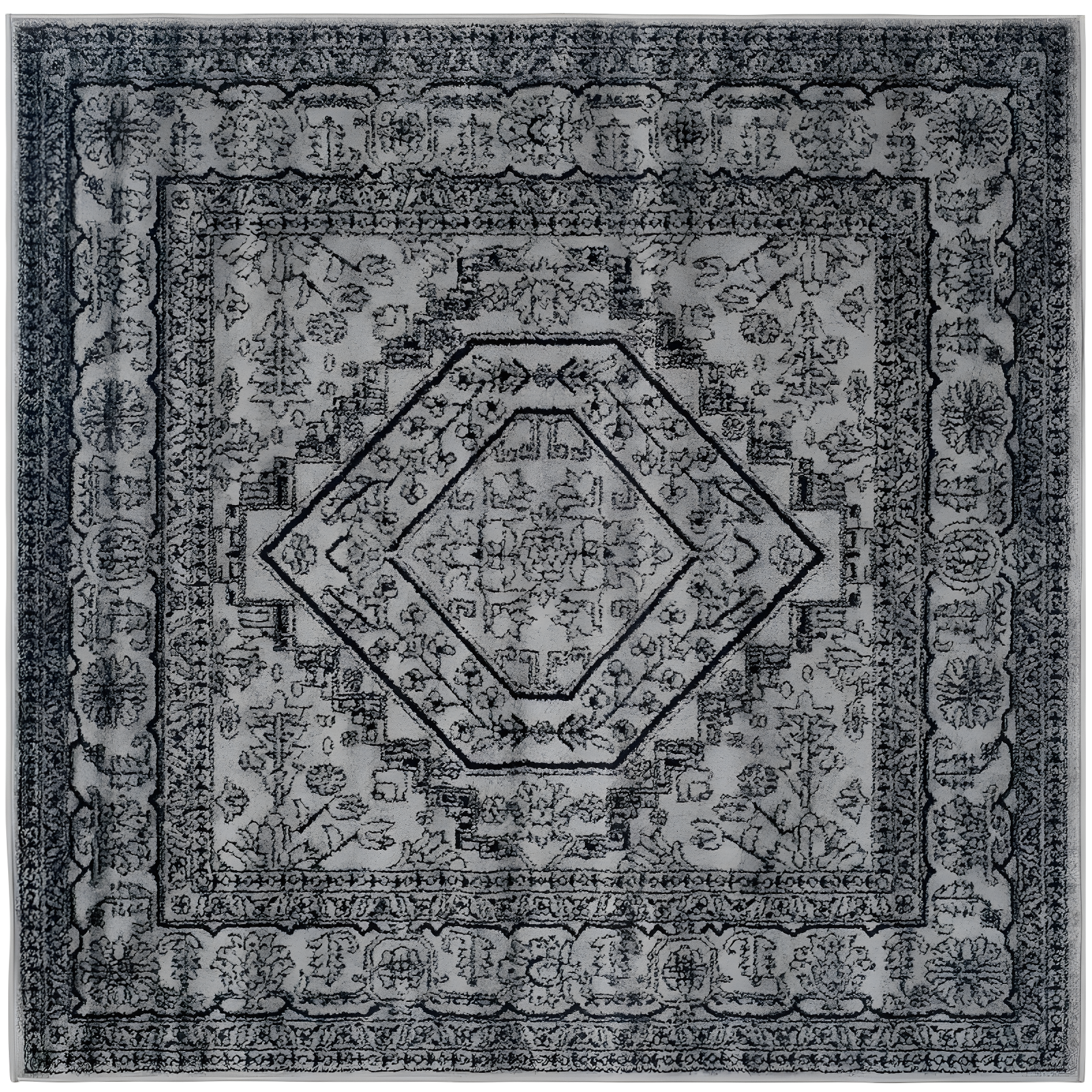 4' Square Silver and Black Medallion Synthetic Rug