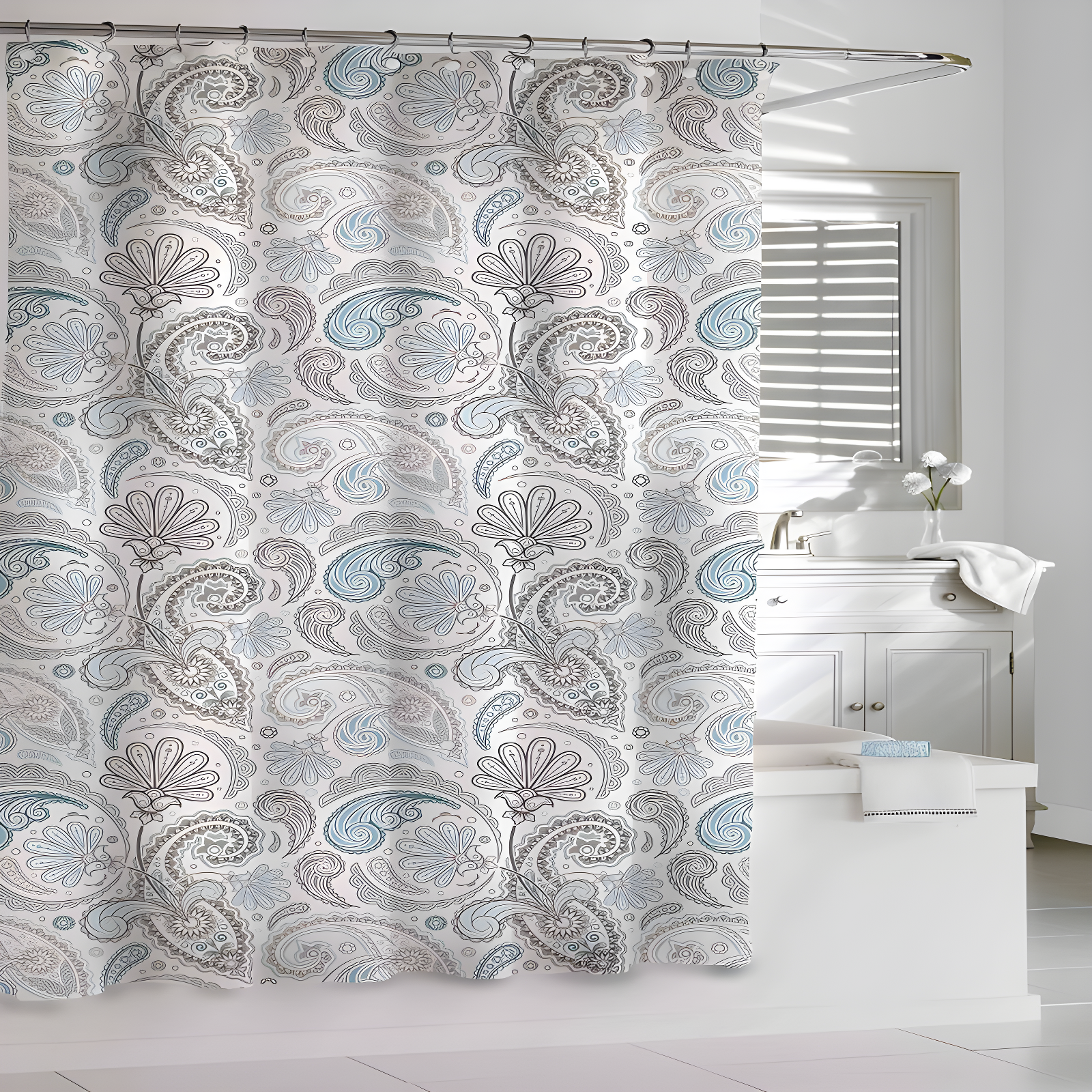 Blue and Gray Paisley Cotton Shower Curtain with Liner