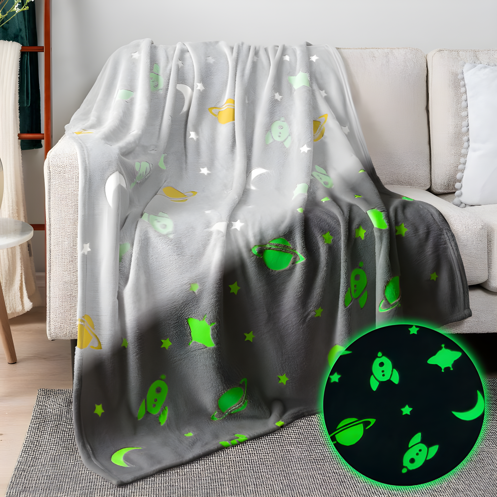 Spaceship Glow in the Dark Gray Fleece Blanket for Kids