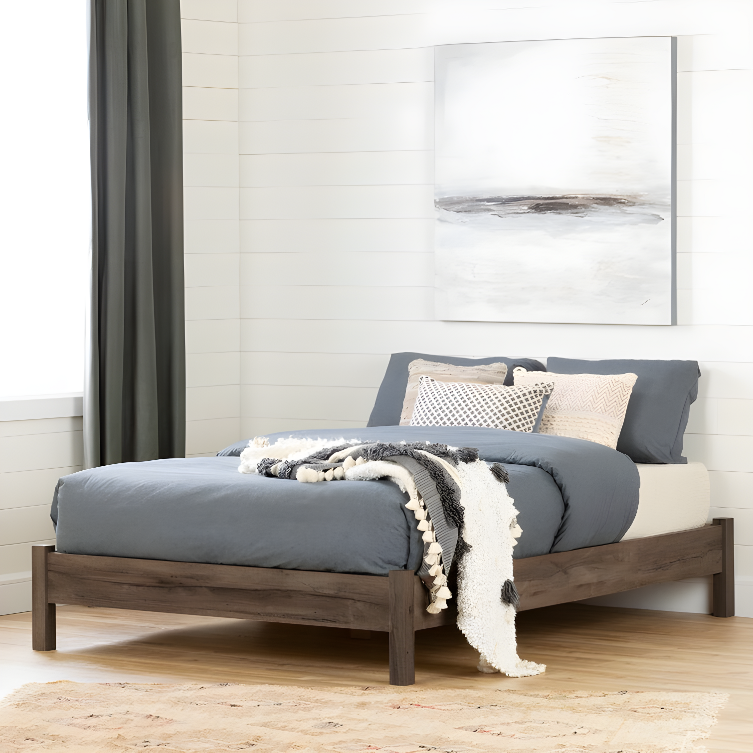 Modern Fall Oak Full Platform Bed with Asymmetric Lines