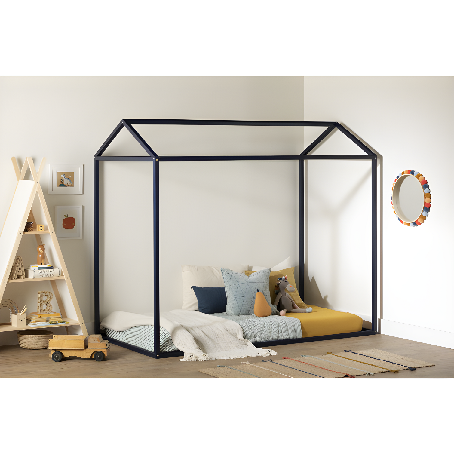 Navy Blue Twin Wooden House Bed Frame