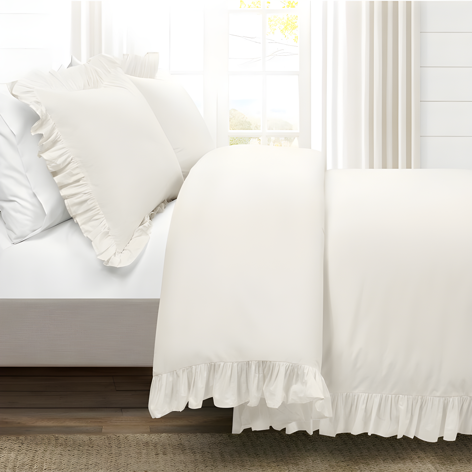 Off-White Ruffled Cotton Full/Queen Duvet Cover Set