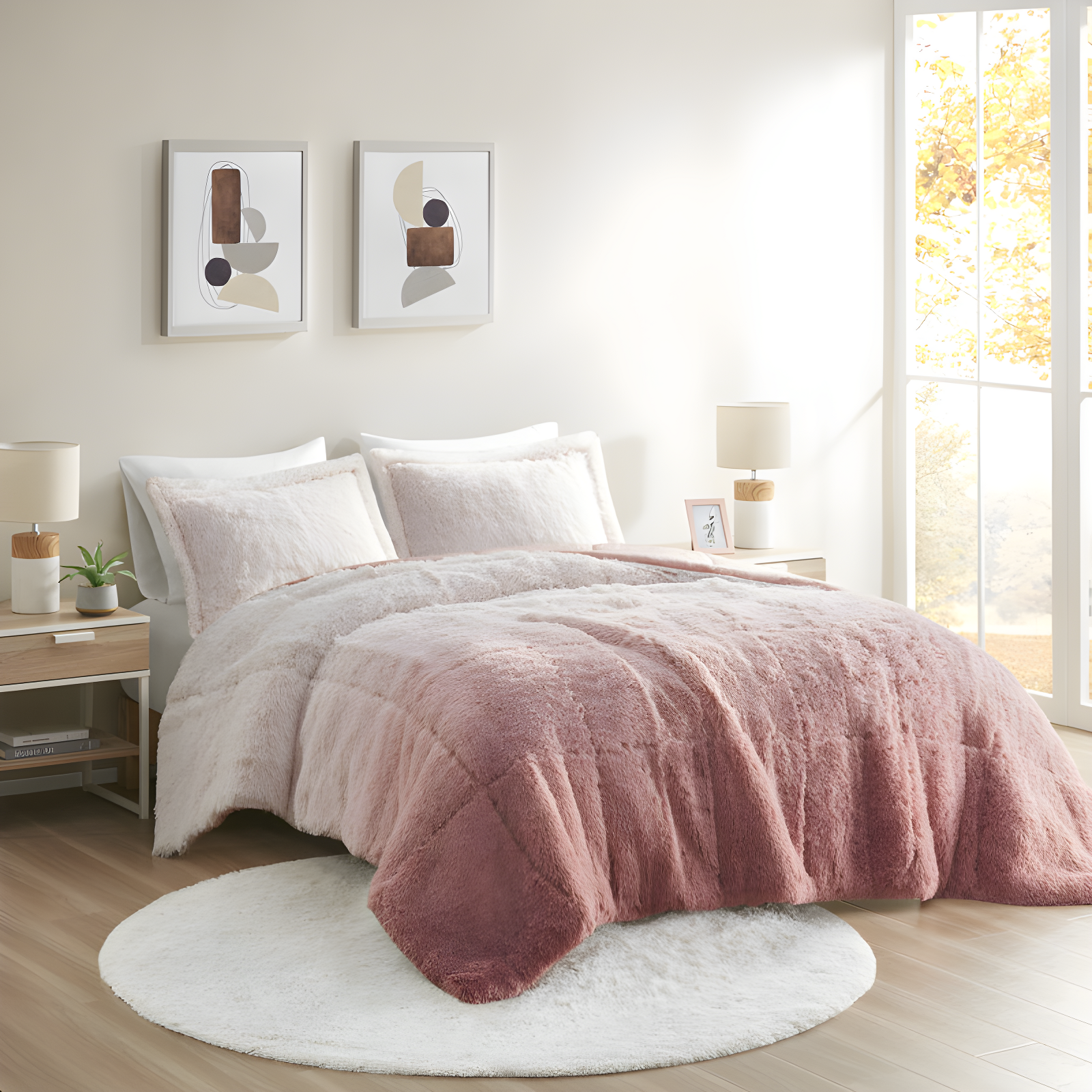 Blush Ombre Twin Shaggy Faux Fur Comforter Set