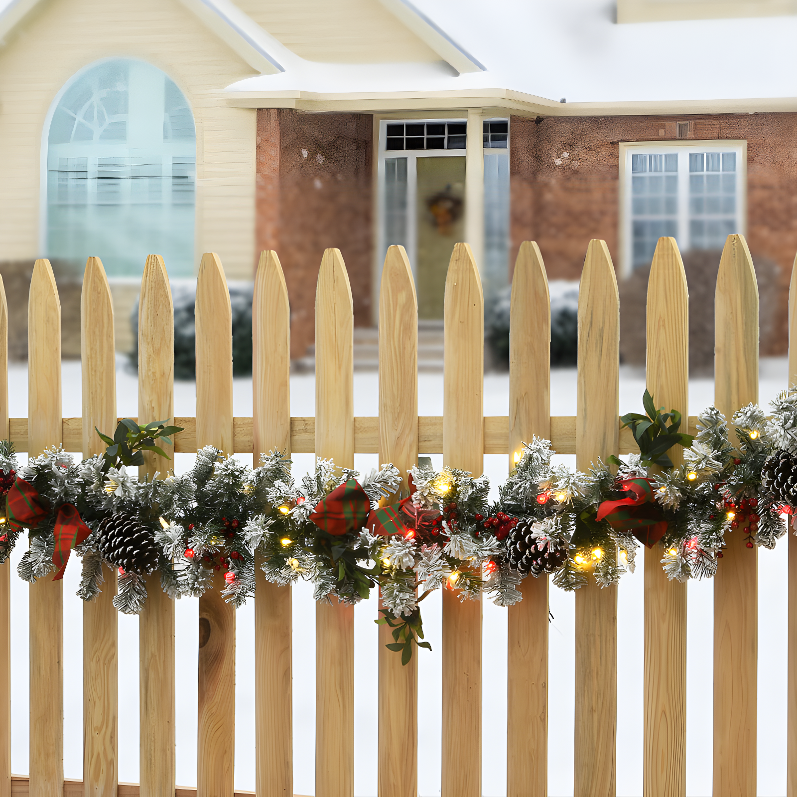 9' Snowy Pine Cone Garland with LED Lights and Bows