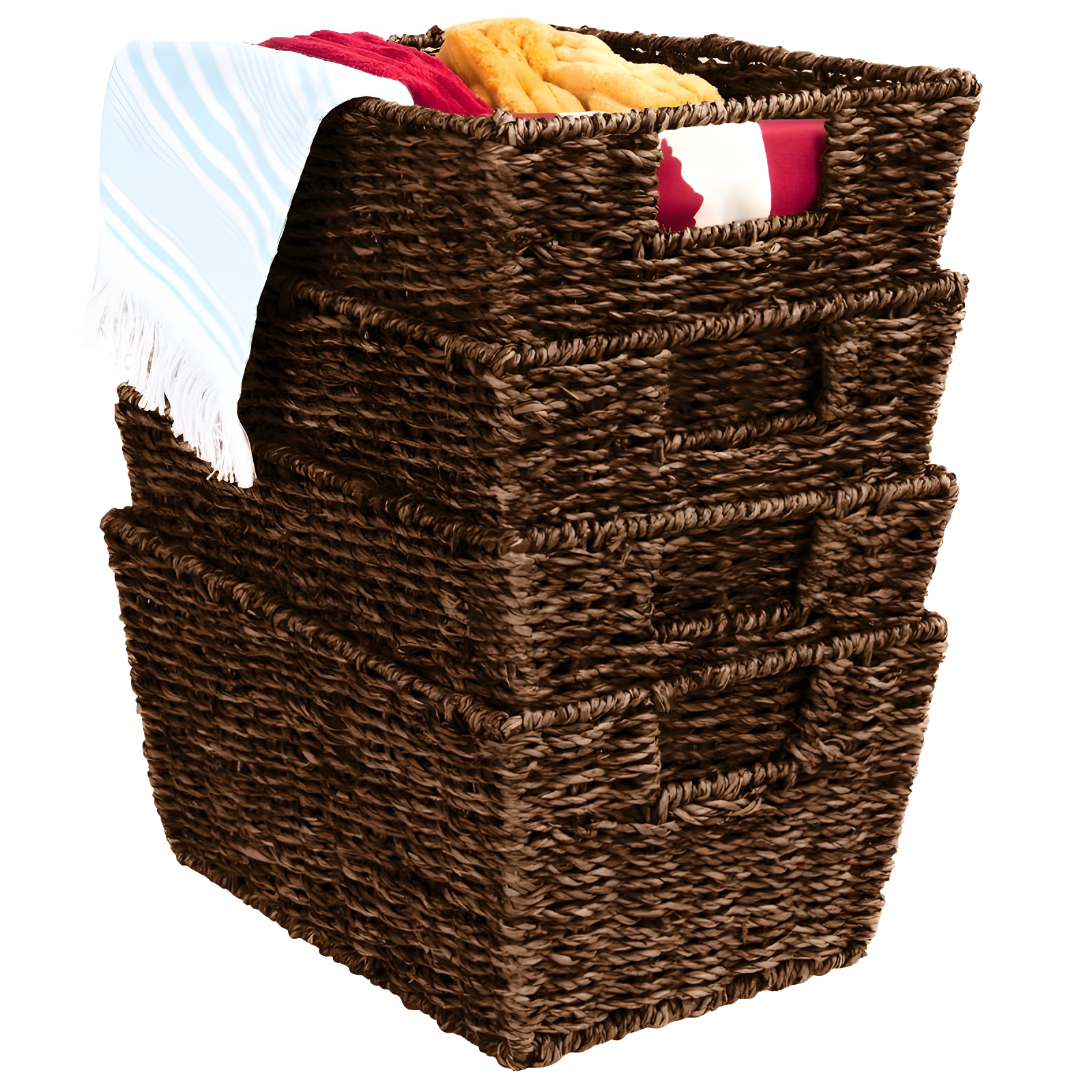 Set of 4 Brown Stackable Seagrass Organizer Baskets