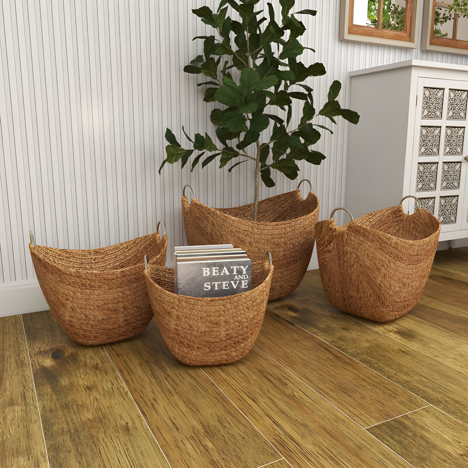 Brown Seagrass Round Storage Baskets with Metal Handles, Set of 4